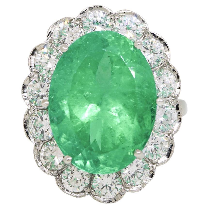 Natural 13.3 Carat Emerald & Diamond Halo Platinum Statement Ring In Stock