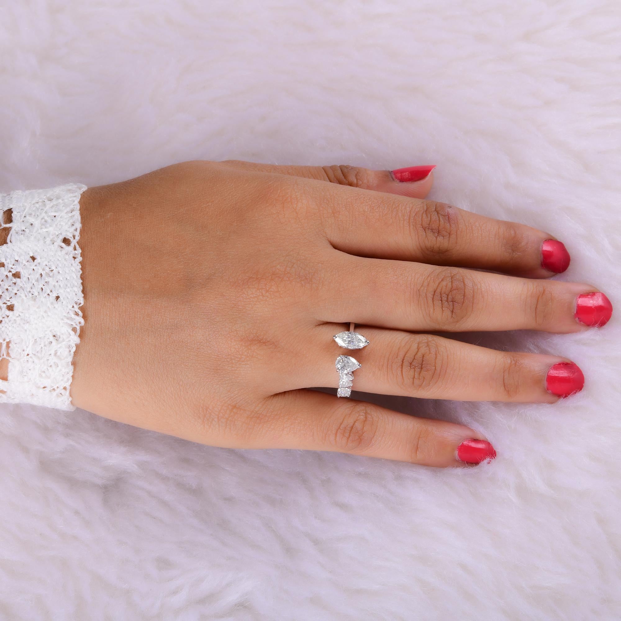 Modern Natural 1.33 Carat Pear & Marquise Diamond Cuff Ring 14 Karat White Gold Jewelry For Sale