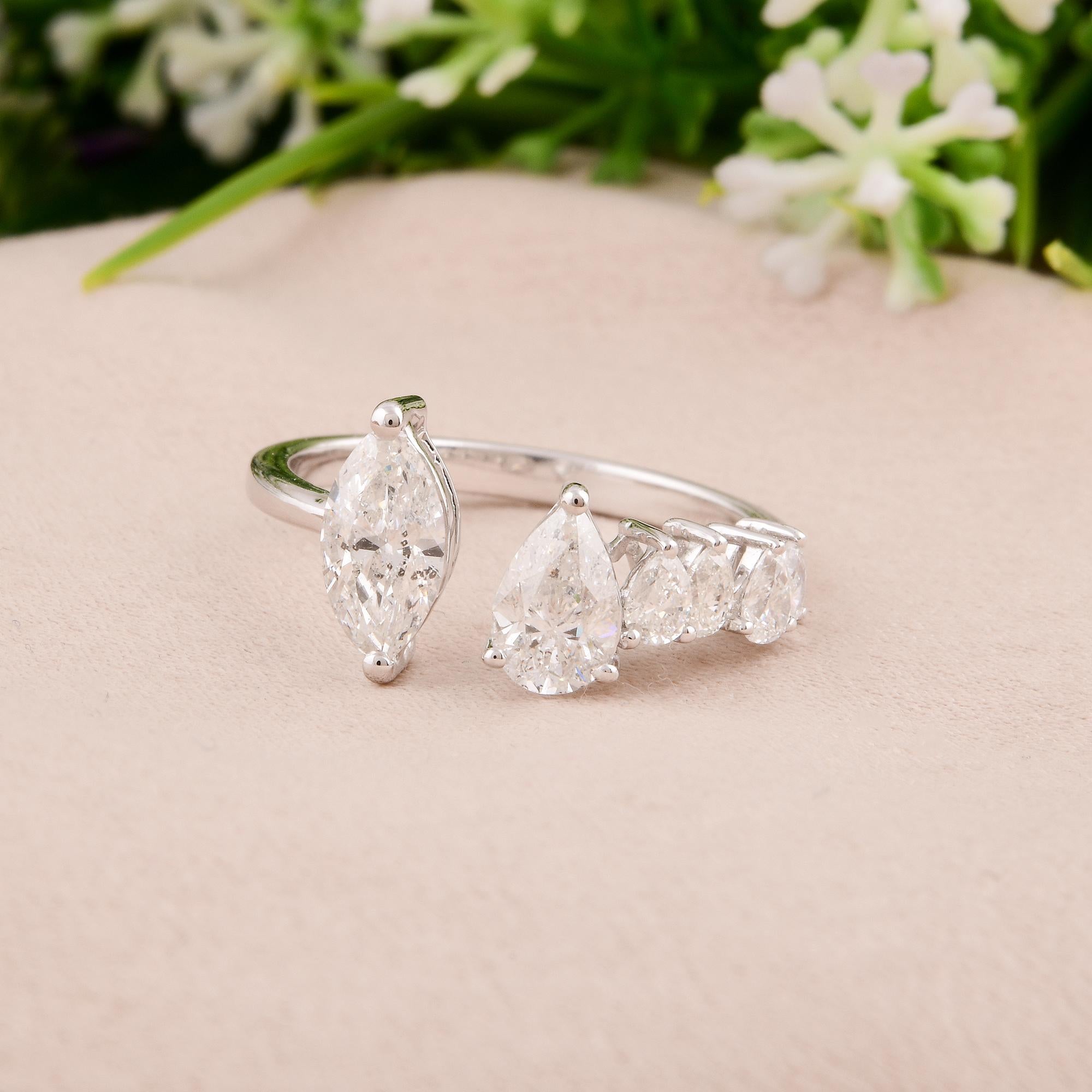 Marquise Cut Natural 1.33 Carat Pear & Marquise Diamond Cuff Ring 14 Karat White Gold Jewelry For Sale