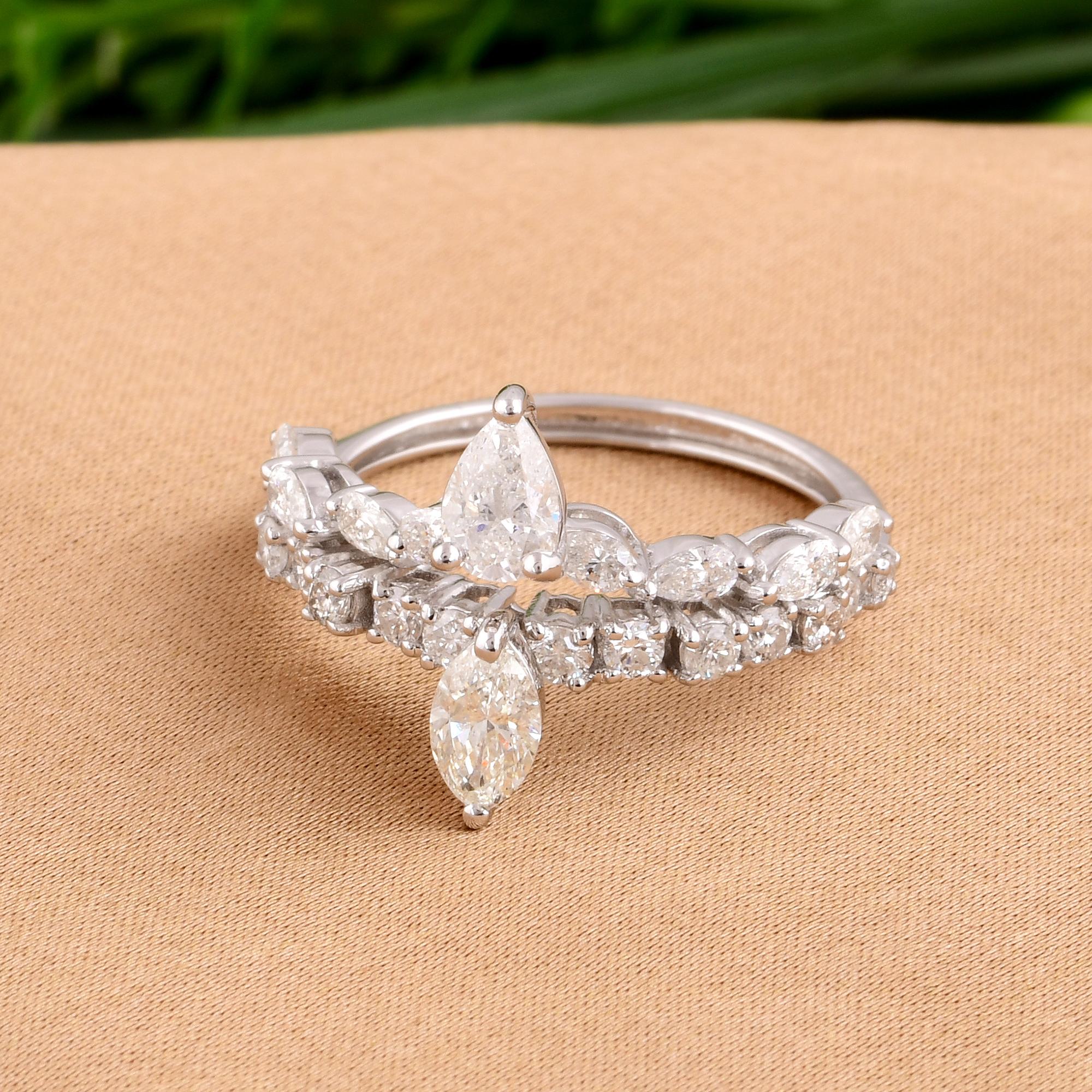 Pear Cut Natural 1.36 Carat Pear Round Diamond Ring 18 Karat White Gold Handmade Jewelry For Sale