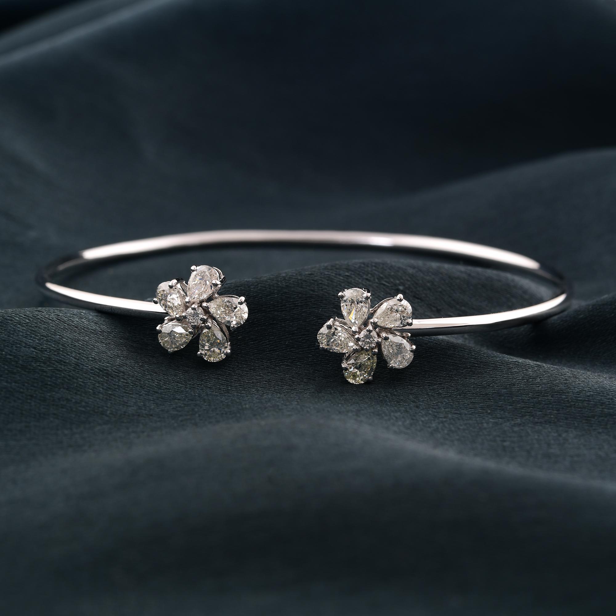 Modern Natural 1.36 Carat Round Diamond Flower Cuff Bangle Bracelet 18 Karat White Gold For Sale