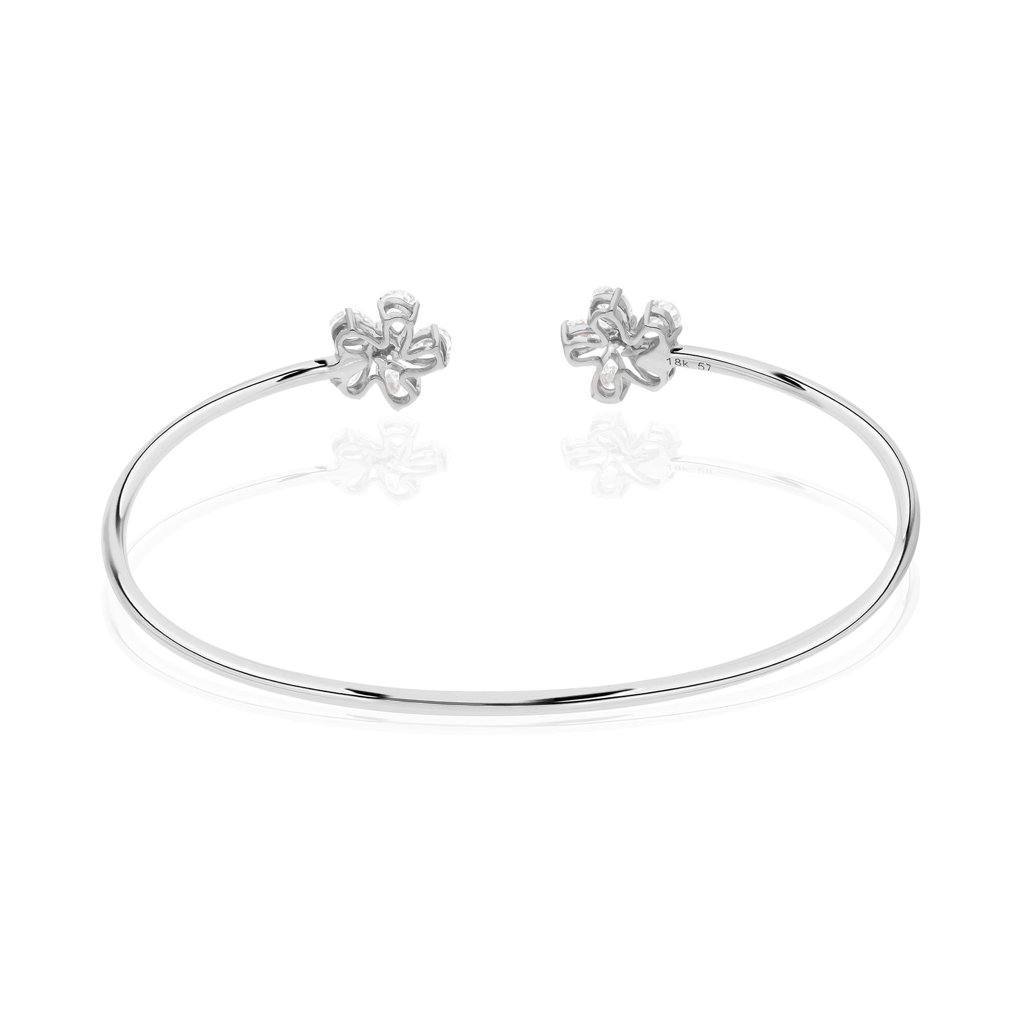 Round Cut Natural 1.36 Carat Round Diamond Flower Cuff Bangle Bracelet 18 Karat White Gold For Sale