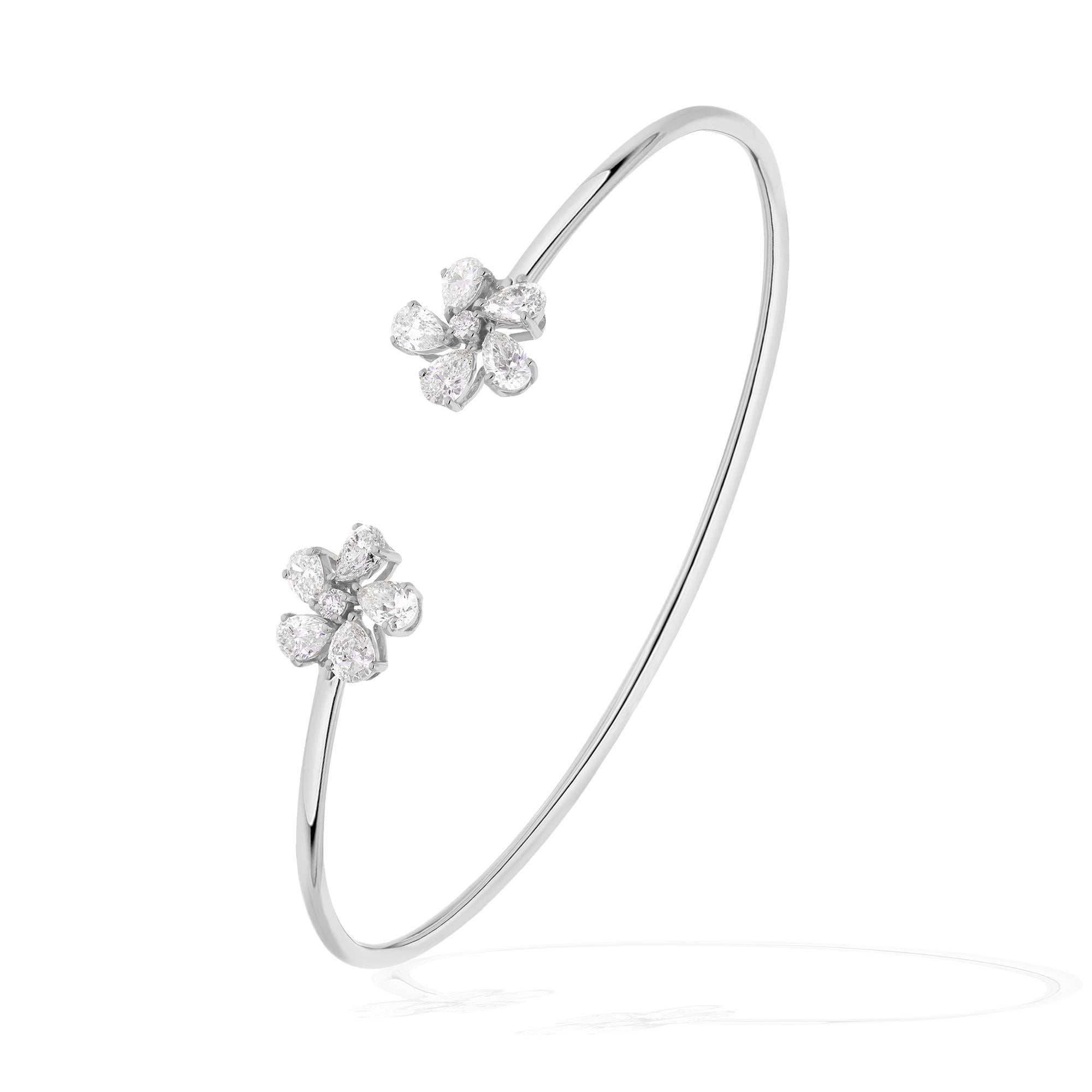 Women's Natural 1.36 Carat Round Diamond Flower Cuff Bangle Bracelet 18 Karat White Gold For Sale