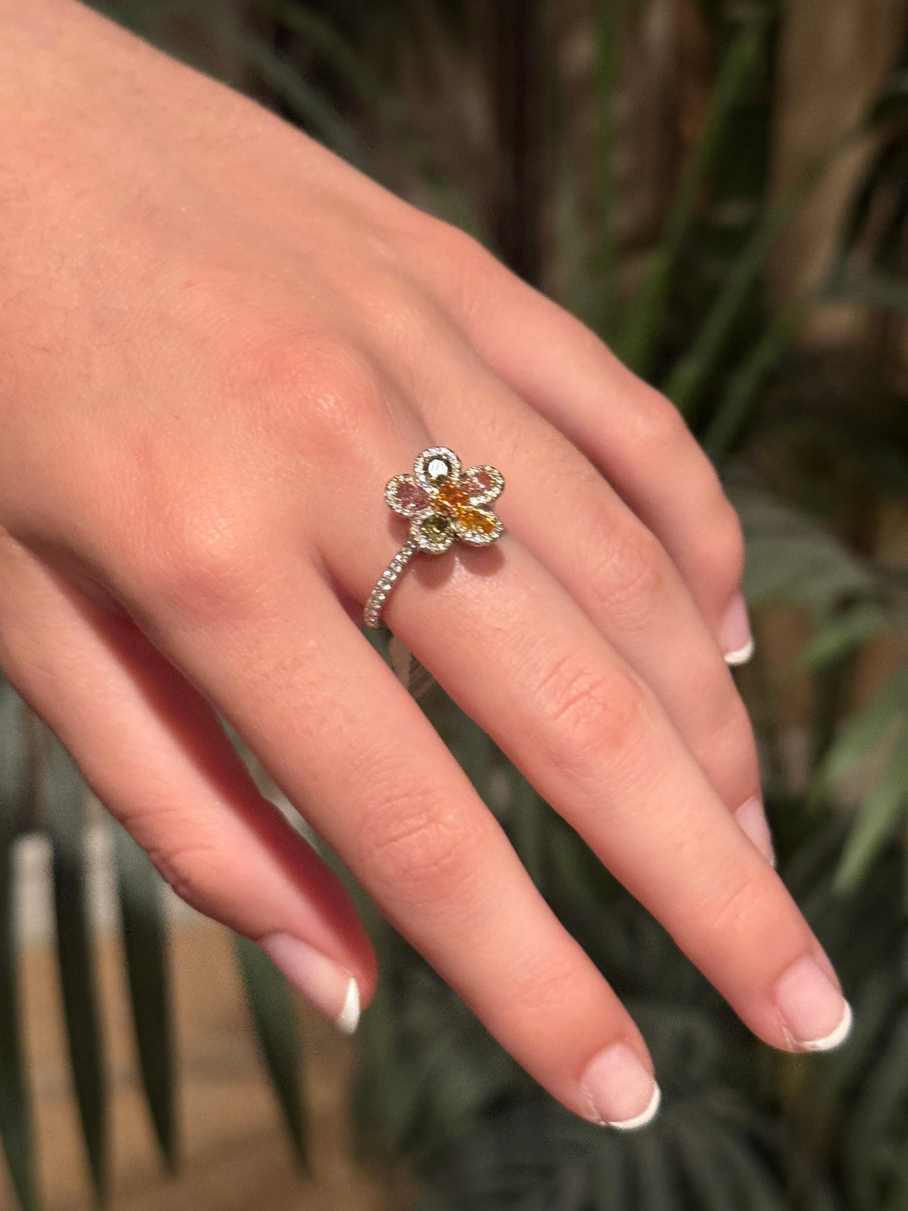 Art Nouveau Natural 1.37 Carat Multi-Color Floral Diamond Ring Set In 18k White & Rose Gold. For Sale