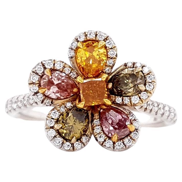 Natural 1.37 Carat Multi-Color Floral Diamond Ring Set In 18k White & Rose Gold. For Sale