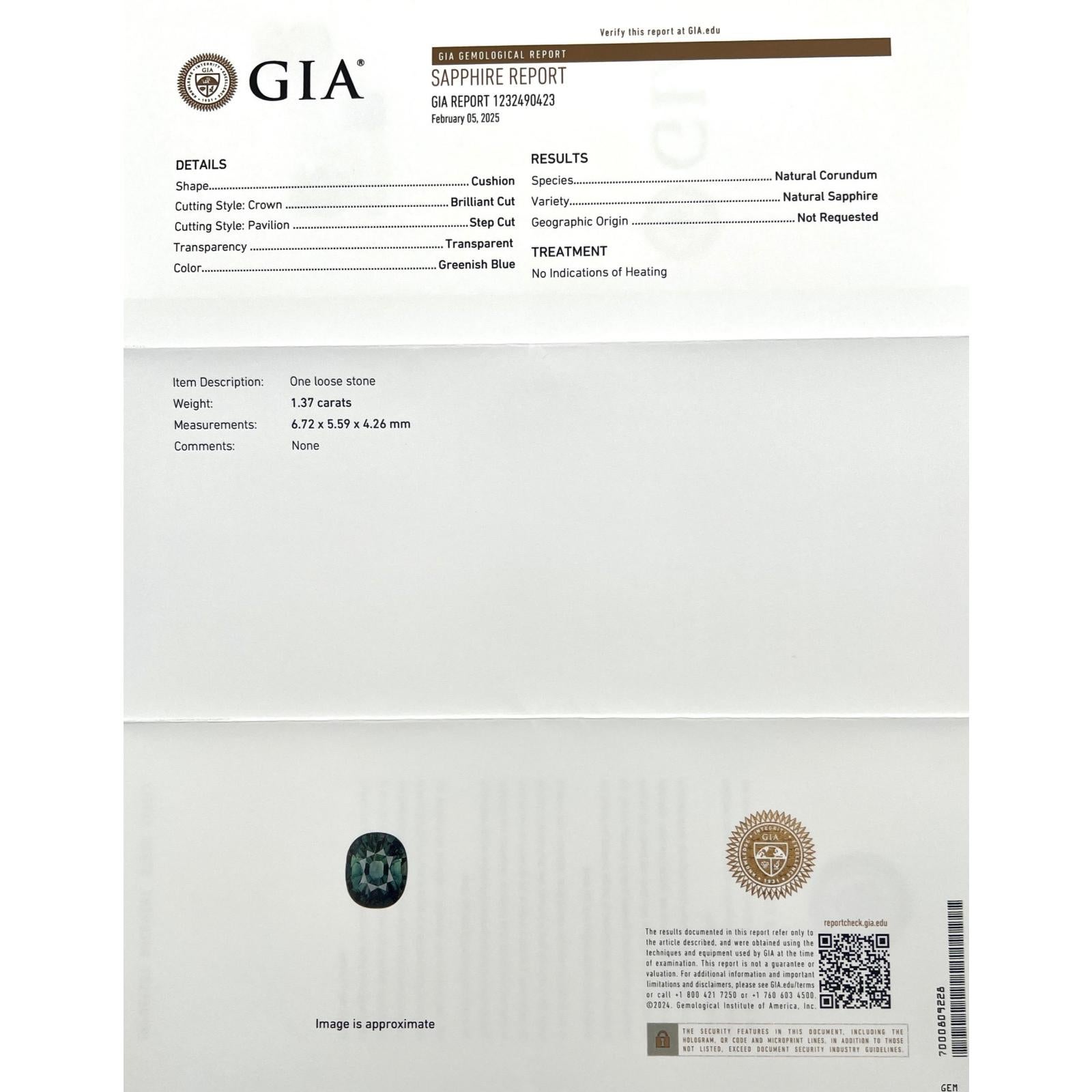 Zafiro verde azul no tratado natural de 1,37 ct, certificado por la GIA, talla cojín 6,7x5,5 mm

Zafiro en cojín natural verde azulado sin tratar.
Zafiro de 1,37 quilates de un fino y vivo color azul verdoso. Totalmente certificada por el GIA, que