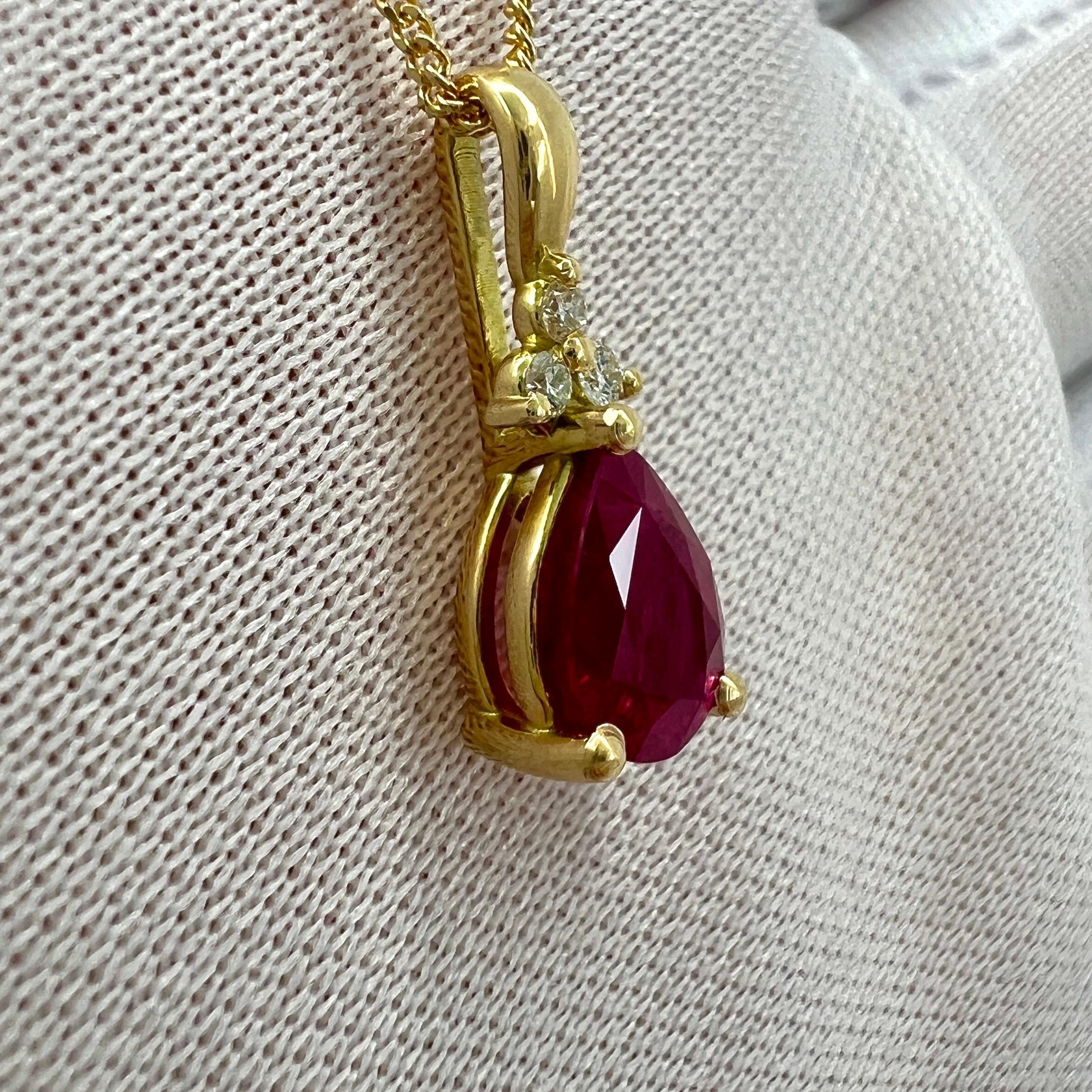 Natural 1.37ct Pear Cut Ruby And Diamond 18k Yellow Gold Pendant Necklace For Sale 6