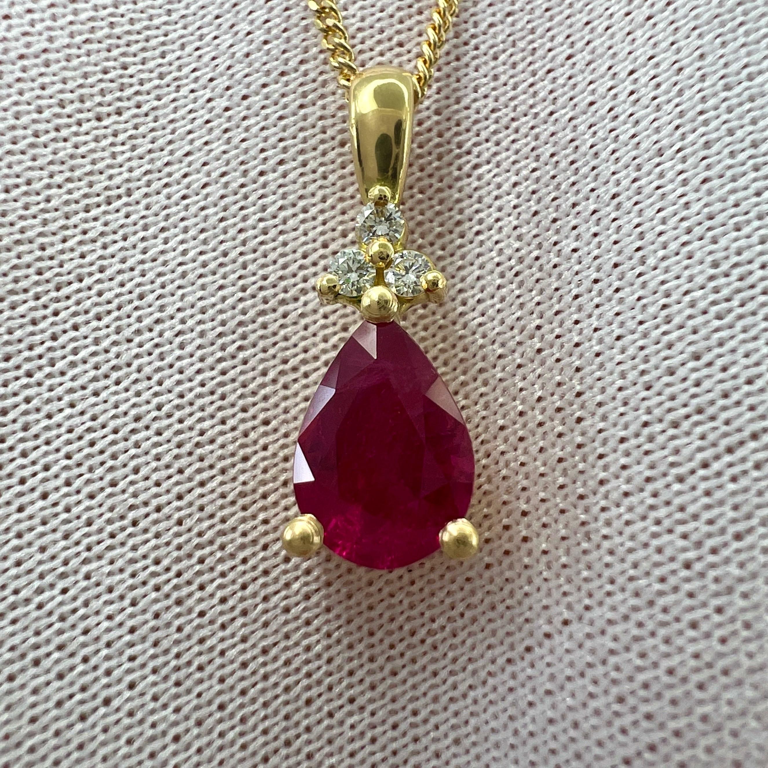 Natural 1.37ct Pear Cut Ruby And Diamond 18k Yellow Gold Pendant Necklace For Sale 7