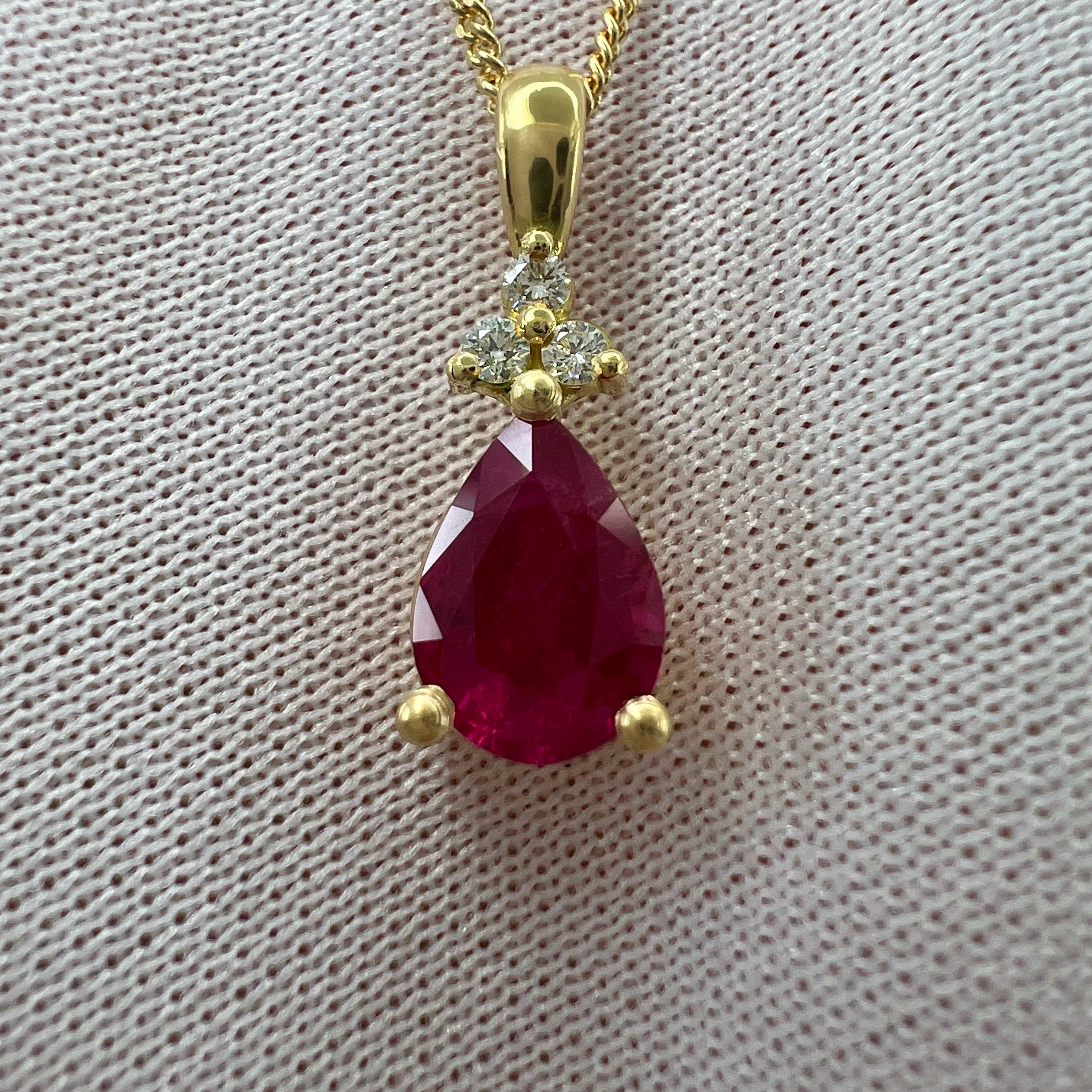 Natural 1.37ct Pear Cut Ruby And Diamond 18k Yellow Gold Pendant Necklace For Sale 8