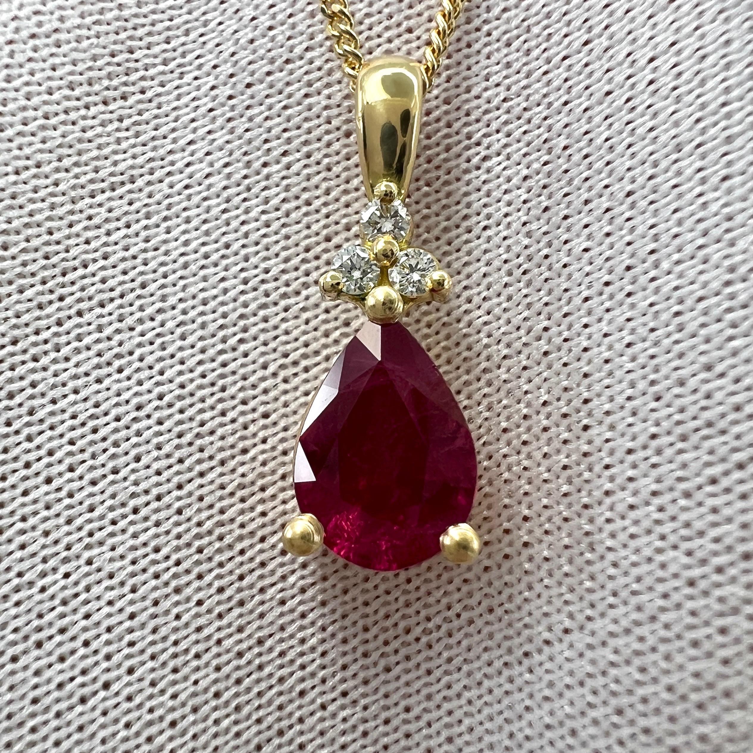 Natural Pear Cut Deep Pink Red Ruby And Diamond 18k Yellow Gold Pendant Necklace.

This piece features a beautiful 1.37 Carat natural ruby with a deep pinkish red colour, this stone has an excellent pear cut measuring 8x5.5mm. Some small natural