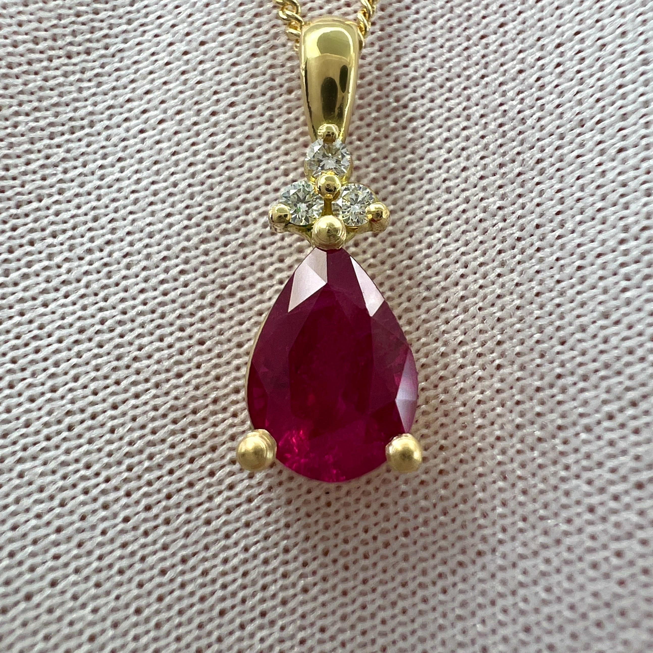 Natural 1.37ct Pear Cut Ruby And Diamond 18k Yellow Gold Pendant Necklace In New Condition For Sale In Birmingham, GB