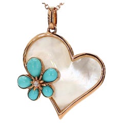 Vintage Natural Turquoise/Pearl and White Diamond 1.40 Carat TW Rose Gold Drop Pendant