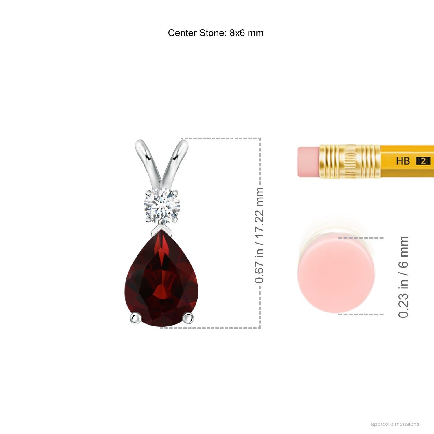 A pear-shaped intense red garnet is secured in a prong setting and embellished with a diamond accent on the top. Simple yet stunning, this teardrop garnet pendant with V bale is sculpted in 14k white gold.