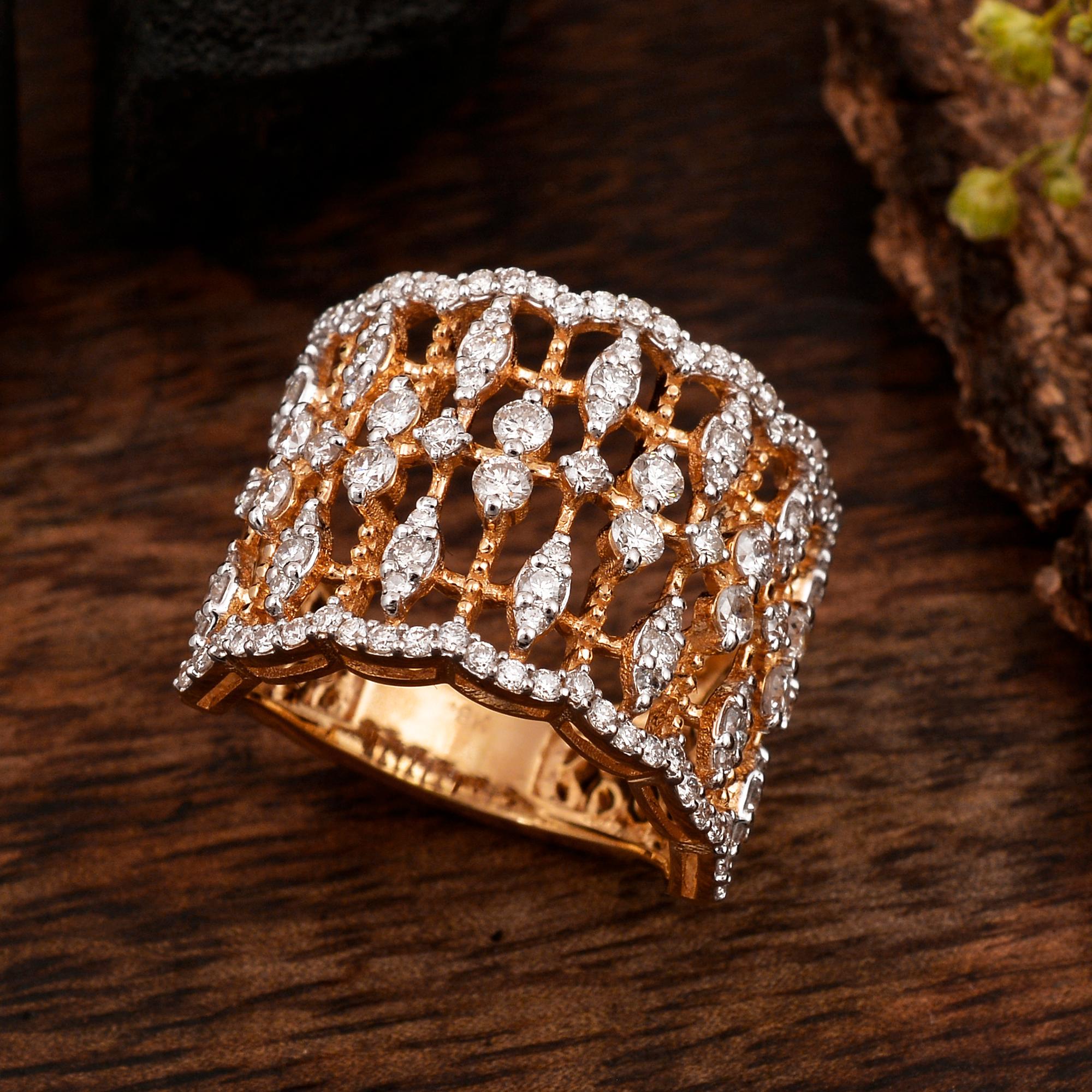 Round Cut Natural 1.4Ct Diamond Designer Cage Ring 18 Karat Yellow Gold Handmade Jewelry For Sale