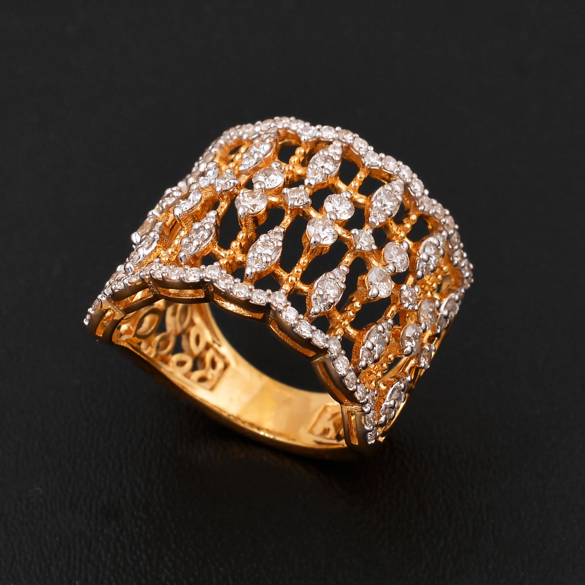 Women's Natural 1.4Ct Diamond Designer Cage Ring 18 Karat Yellow Gold Handmade Jewelry For Sale