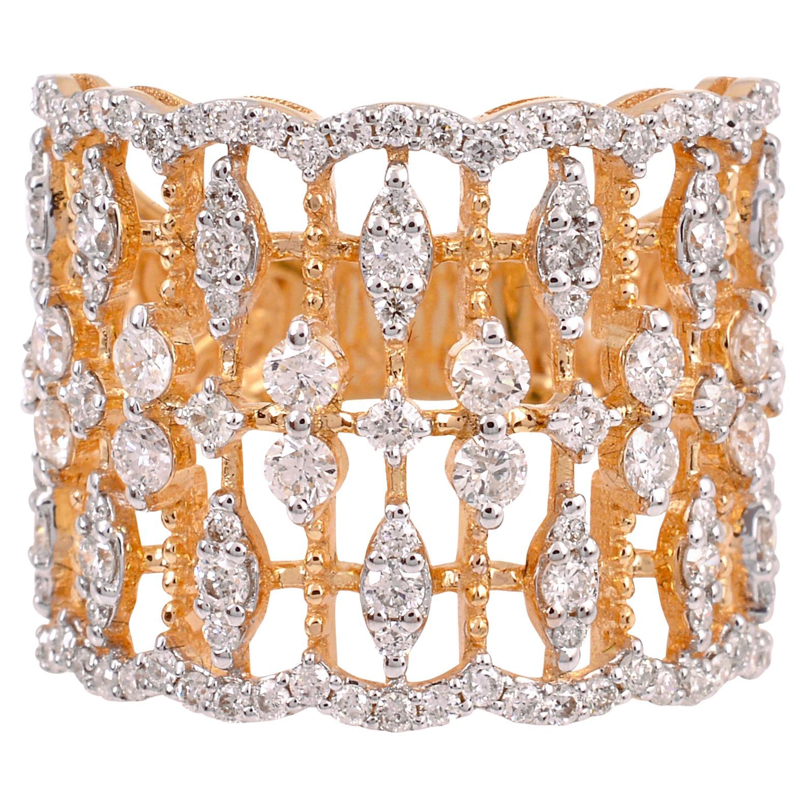 Natural 1.4Ct Diamond Designer Cage Ring 18 Karat Yellow Gold Handmade Jewelry