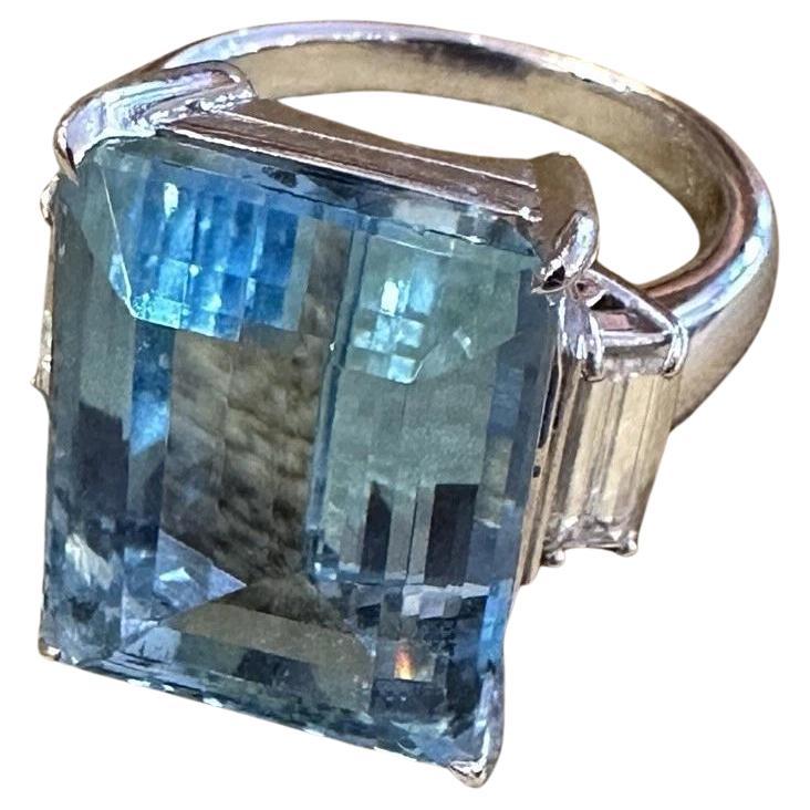 Natural 14.12ct Aquamarine and Diamond Three-Stone Ring in Platinum For Sale