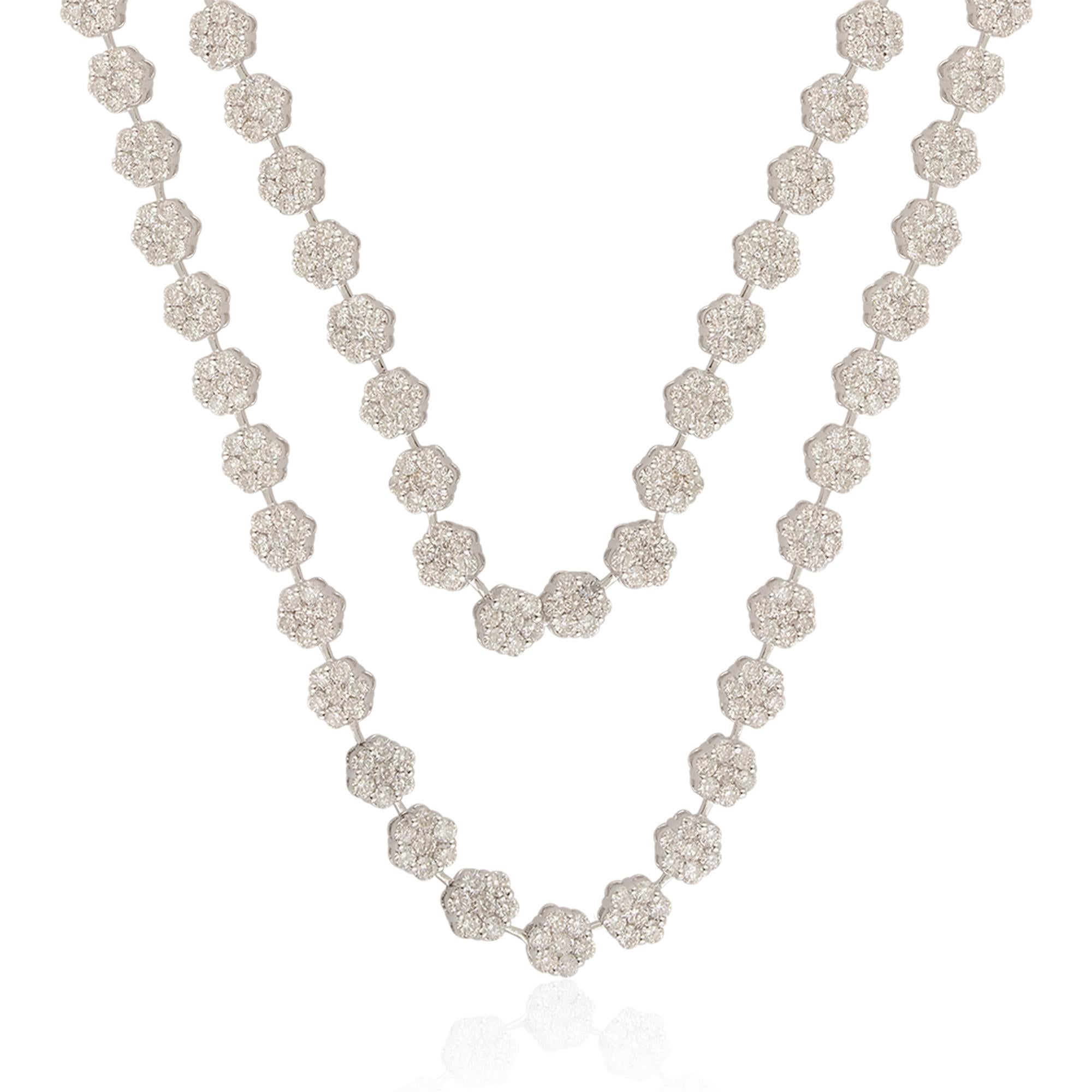 Contemporary Natural 14.2 Carat Double Layer Diamond Floral Necklace 14 Karat White Gold For Sale