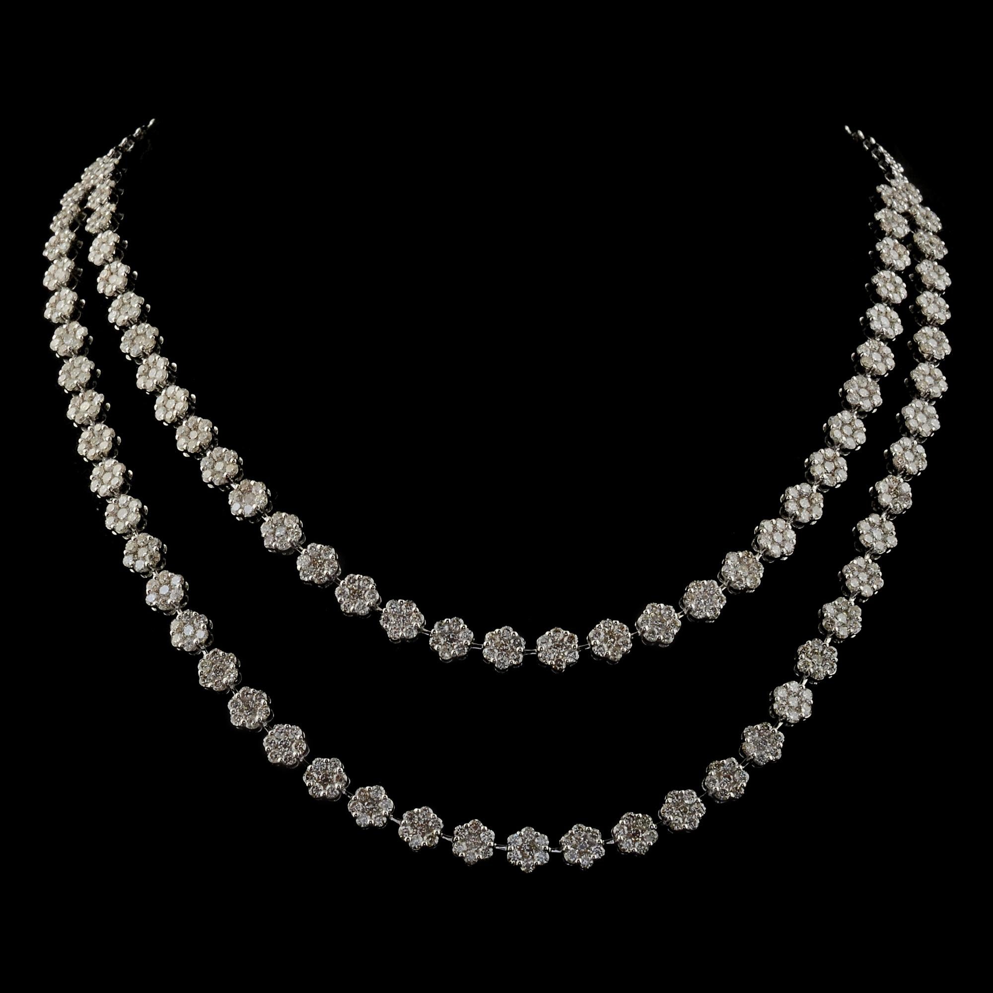 Natural 14.2 Carat Double Layer Diamond Floral Necklace 14 Karat White Gold For Sale 1