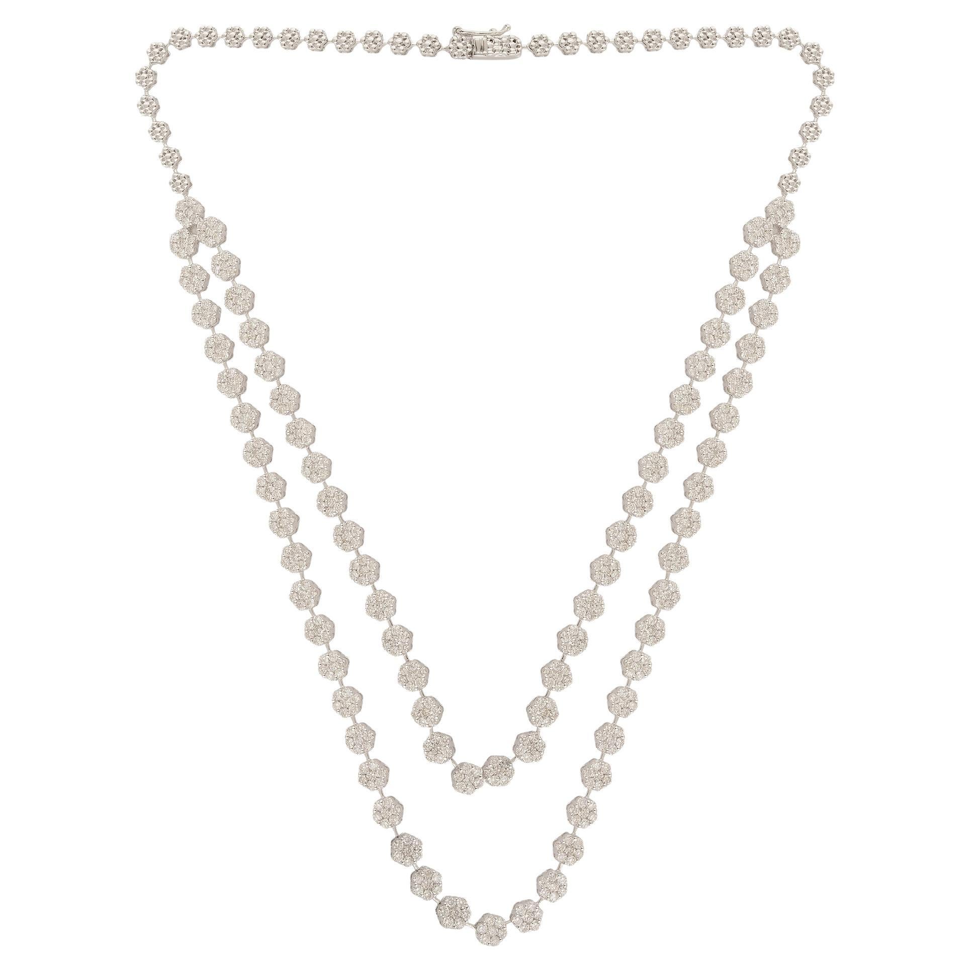 Natural 14.2 Carat Double Layer Diamond Floral Necklace 18 Karat White Gold