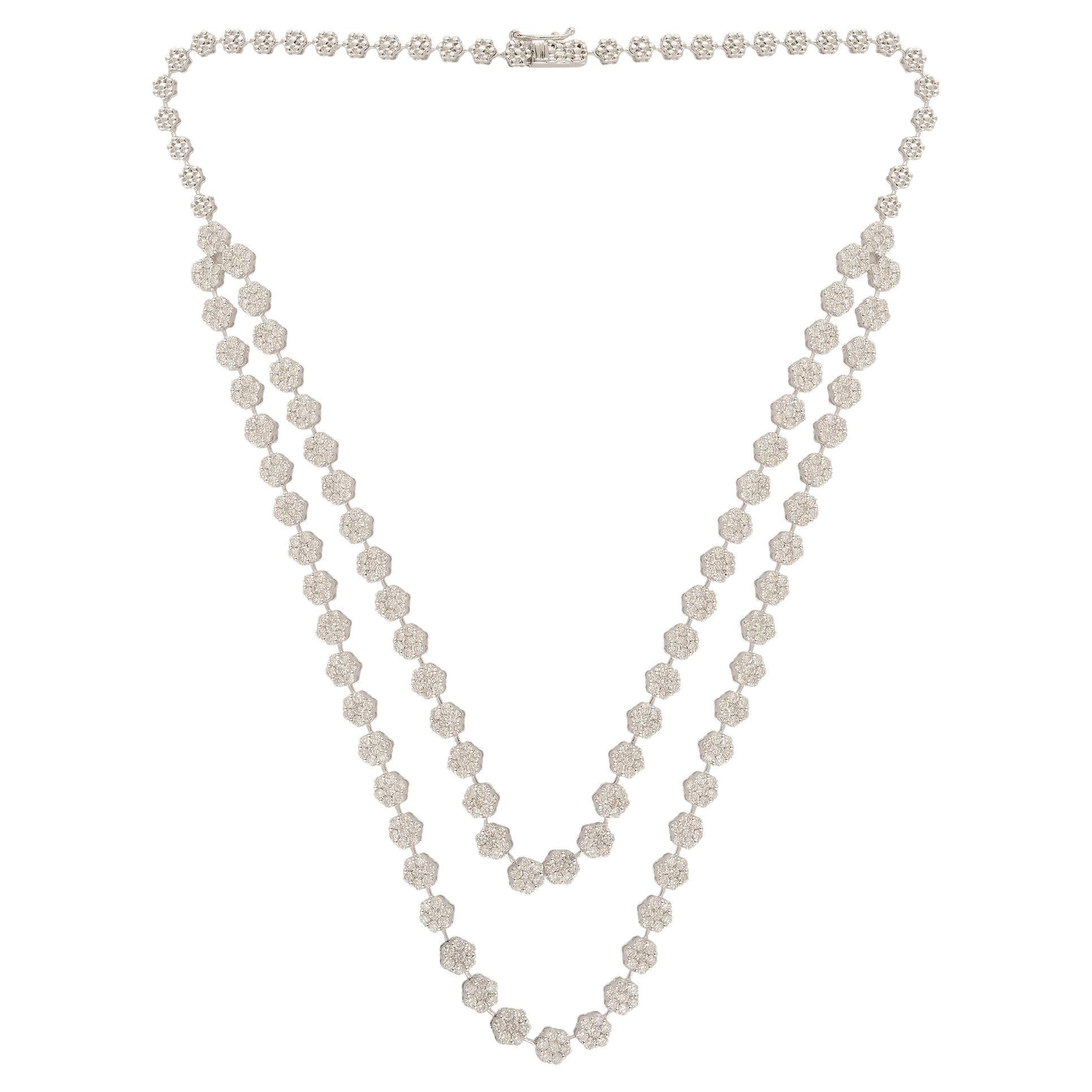 Natural 14.20 Carat Pave Diamond Necklace 18 Karat White Gold Handmade Jewelry For Sale