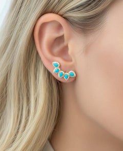 Elegant 14K Yellow Gold Turquoise and Diamond Stud Earrings, 1.46ct