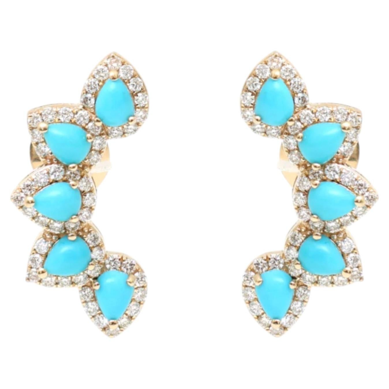 Natural 1.44cts Turquoise & 0.66cts Diamond Earring in 14k Gold