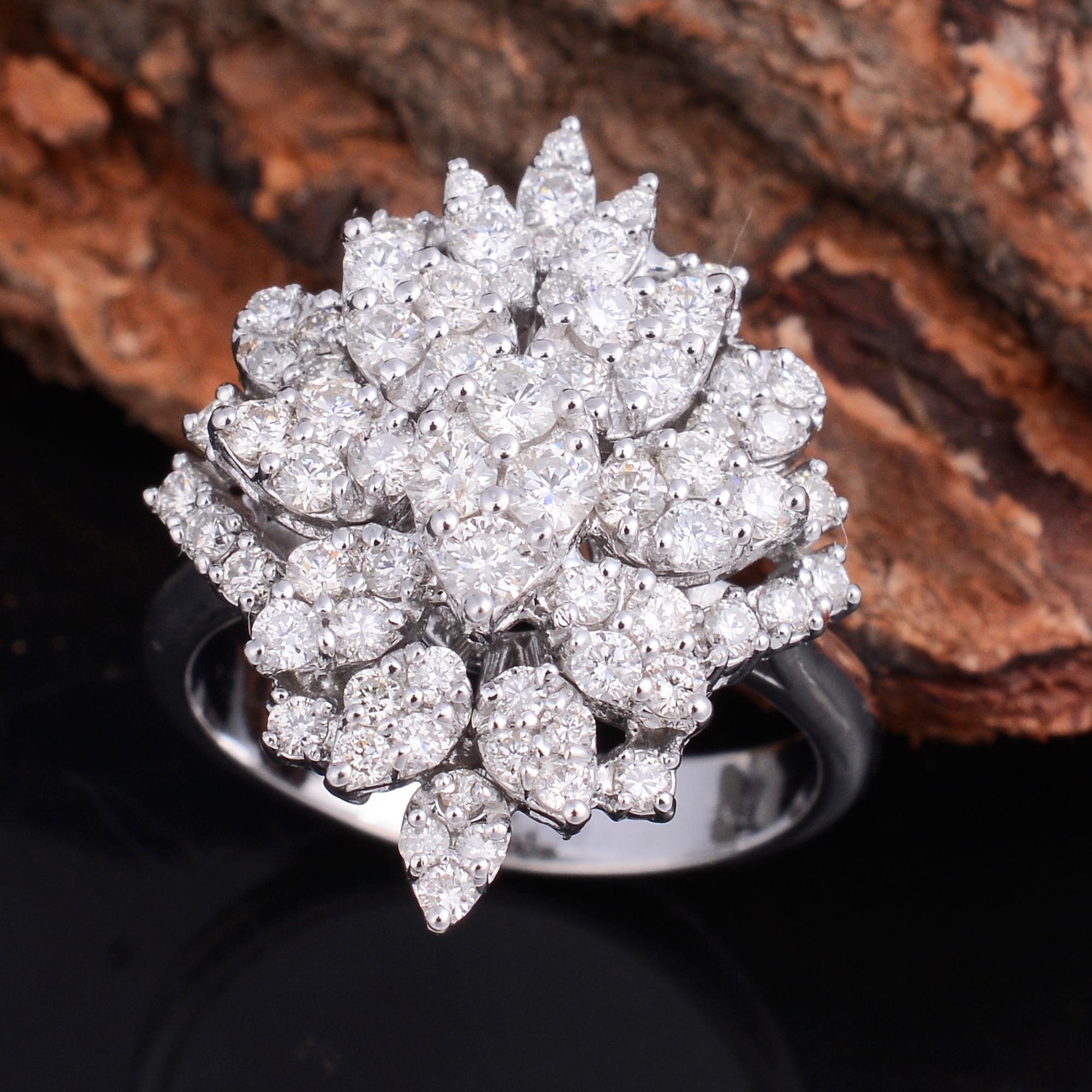 Round Cut Natural 1.45 Carat Diamond Cluster Ring 14 Karat White Gold Handmade Jewelry For Sale