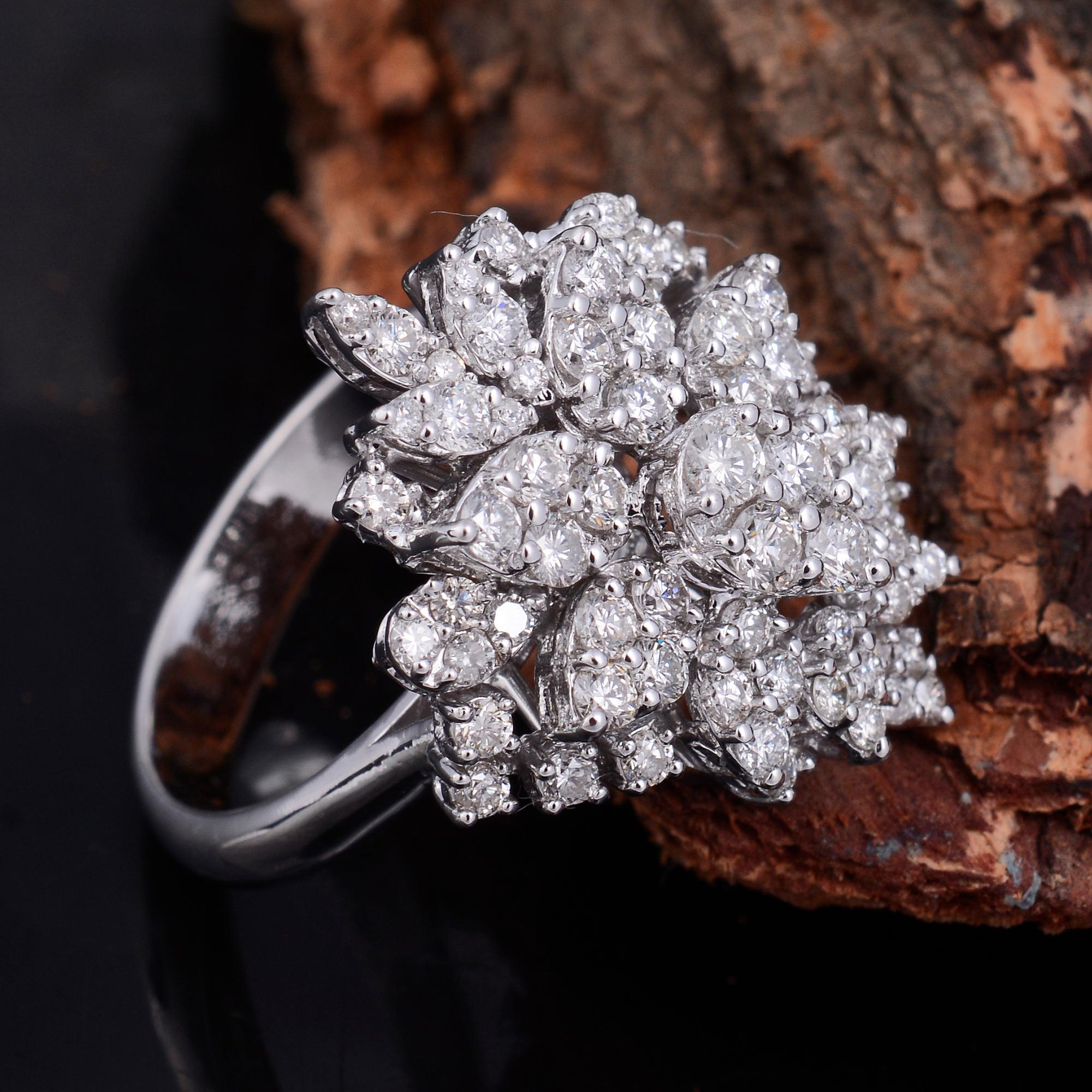 Women's Natural 1.45 Carat Diamond Cluster Ring 14 Karat White Gold Handmade Jewelry For Sale