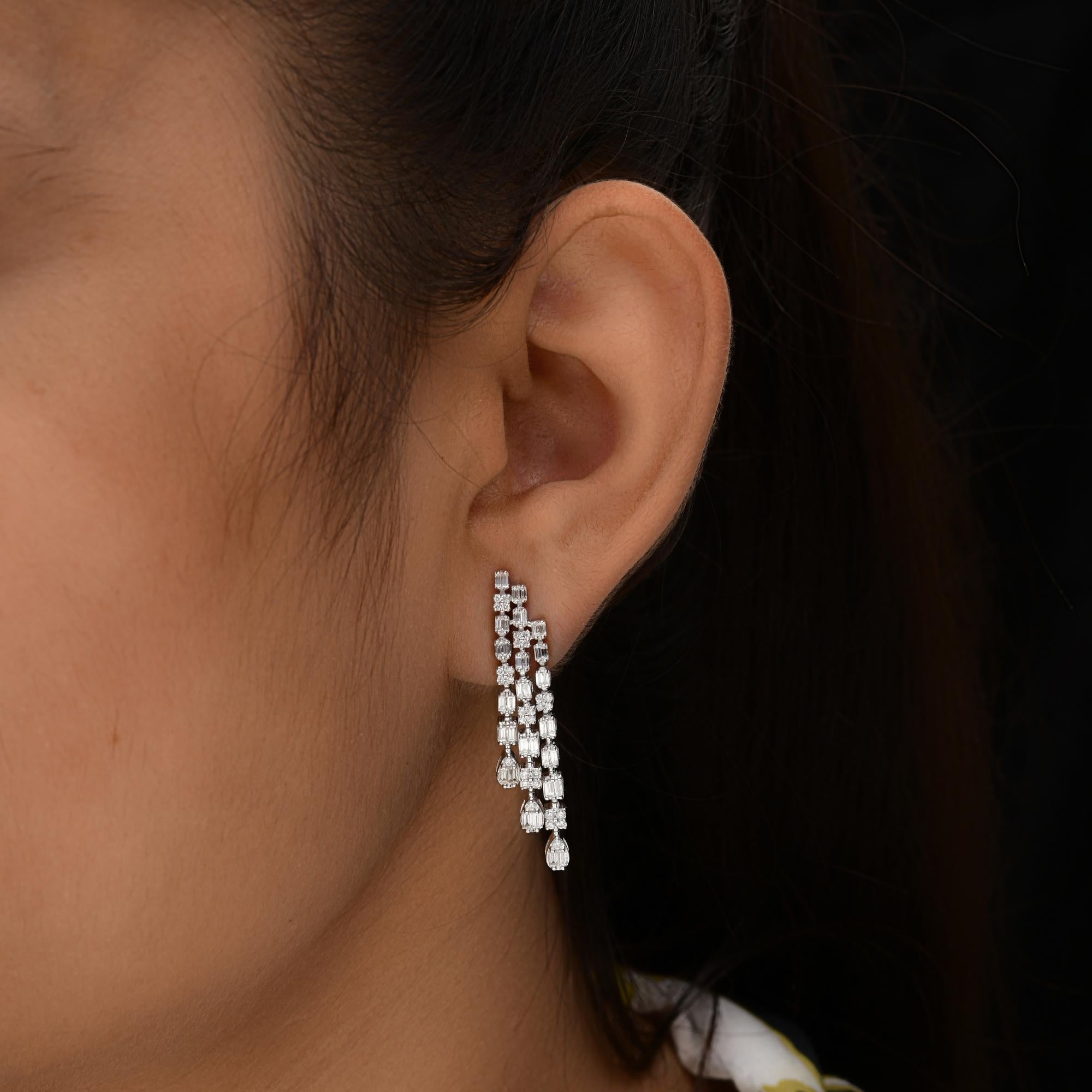 Natürliche natürliche 1,45 Karat SI/H Baguette-Diamant-Kronleuchter-Ohrringe 14 Karat Weißgold (Baguetteschliff) im Angebot