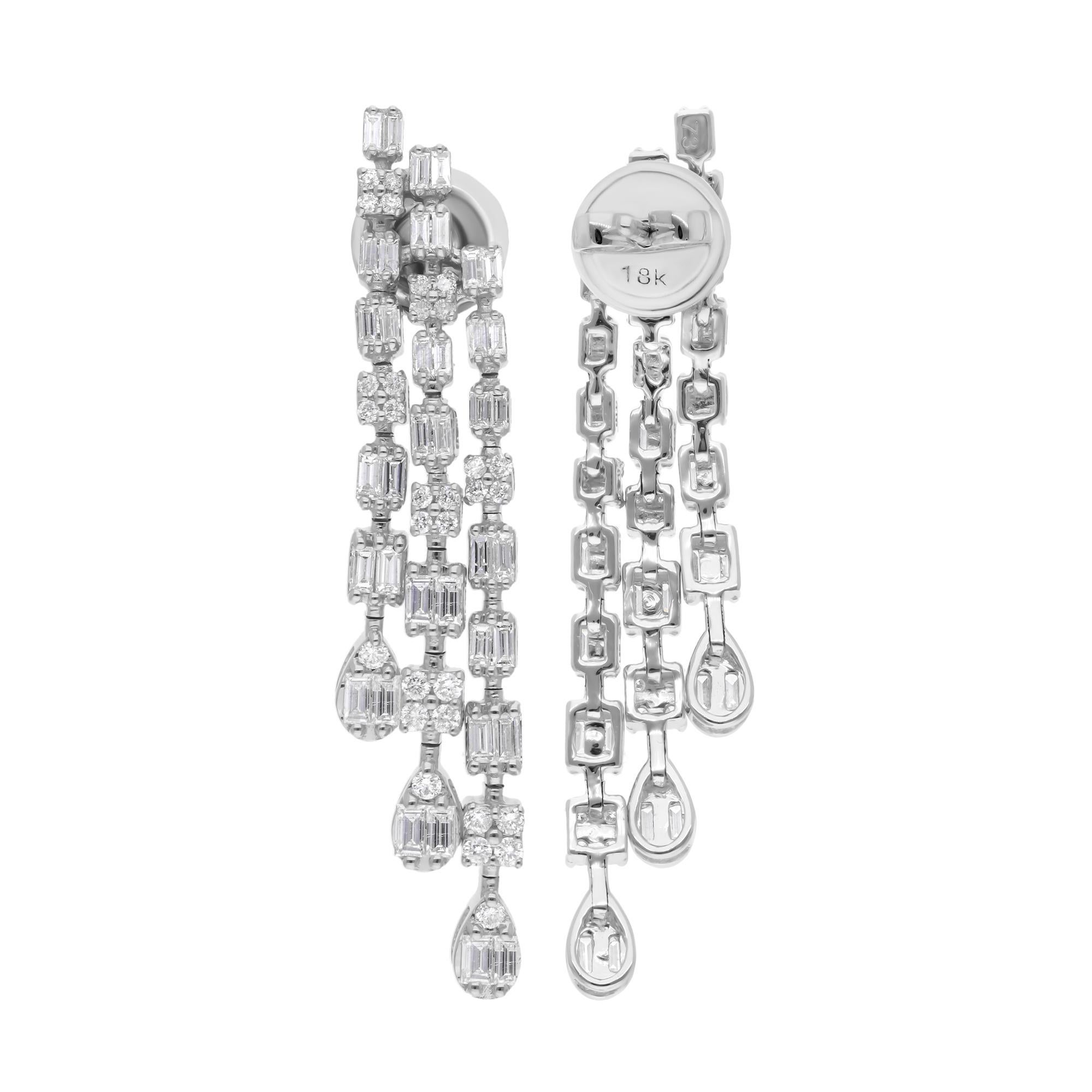 Natural 1.45 Carat SI/H Baguette Diamond Chandelier Earrings 14 Karat White Gold