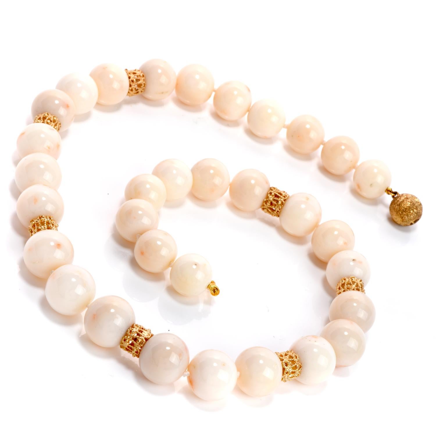 Refresh yourself with this heavenly Estate Natural Angel Hair Gold Necklace!

This necklace with adorn your neck with 32, large 14.5 mm beads, spanning 20 inches in length.  

The dreamy ivory and cream Soft colored beads are positioned with seven