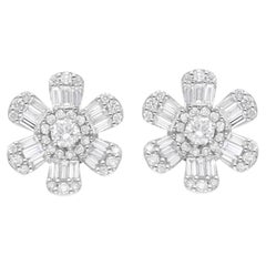 Boucles d'oreilles florales en or blanc 14 carats avec diamants baguettes naturels de 1,46 carat SI/H