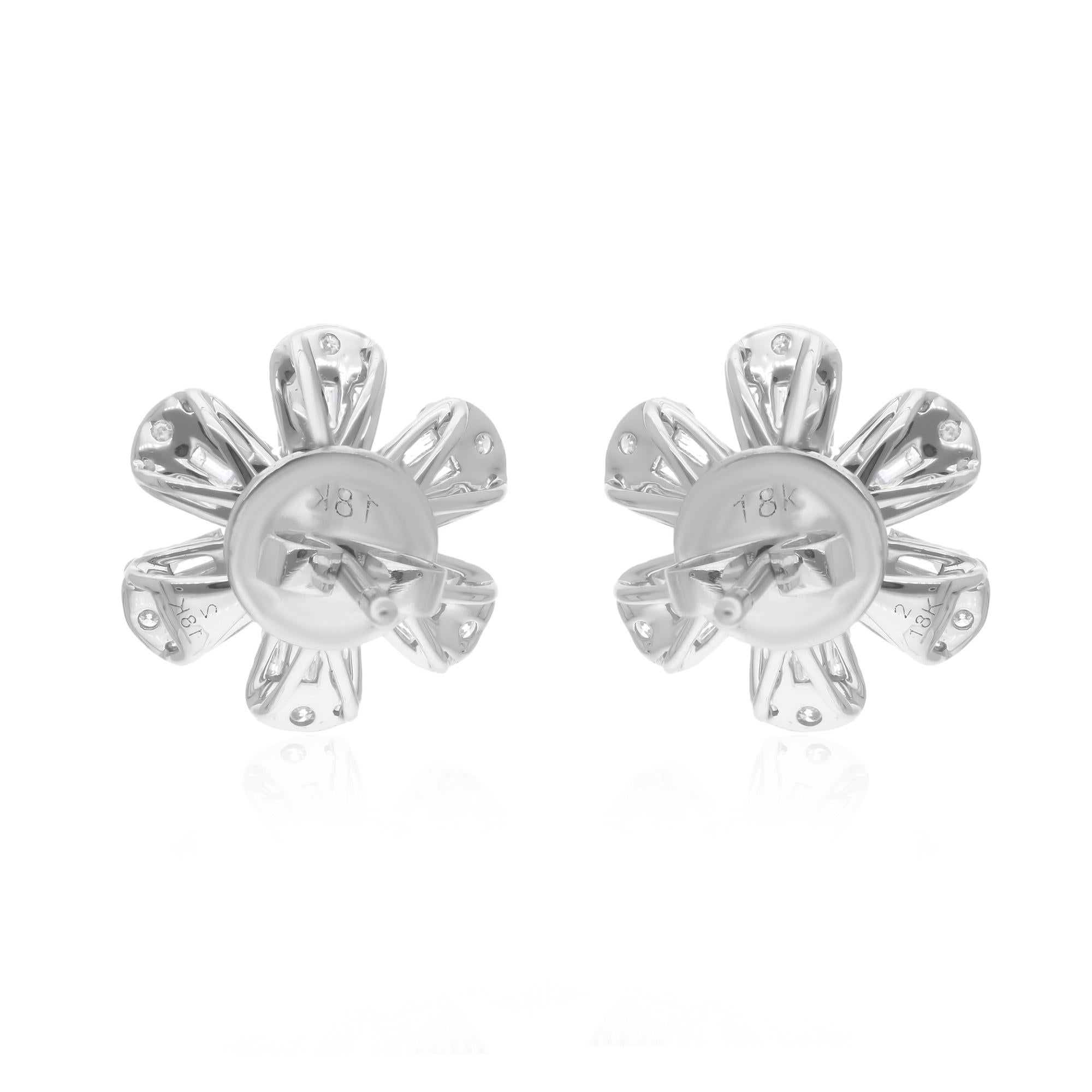 Boucles d'oreilles florales en or blanc 18 carats avec diamants baguettes naturels de 1,46 carat SI/H Pour femmes en vente