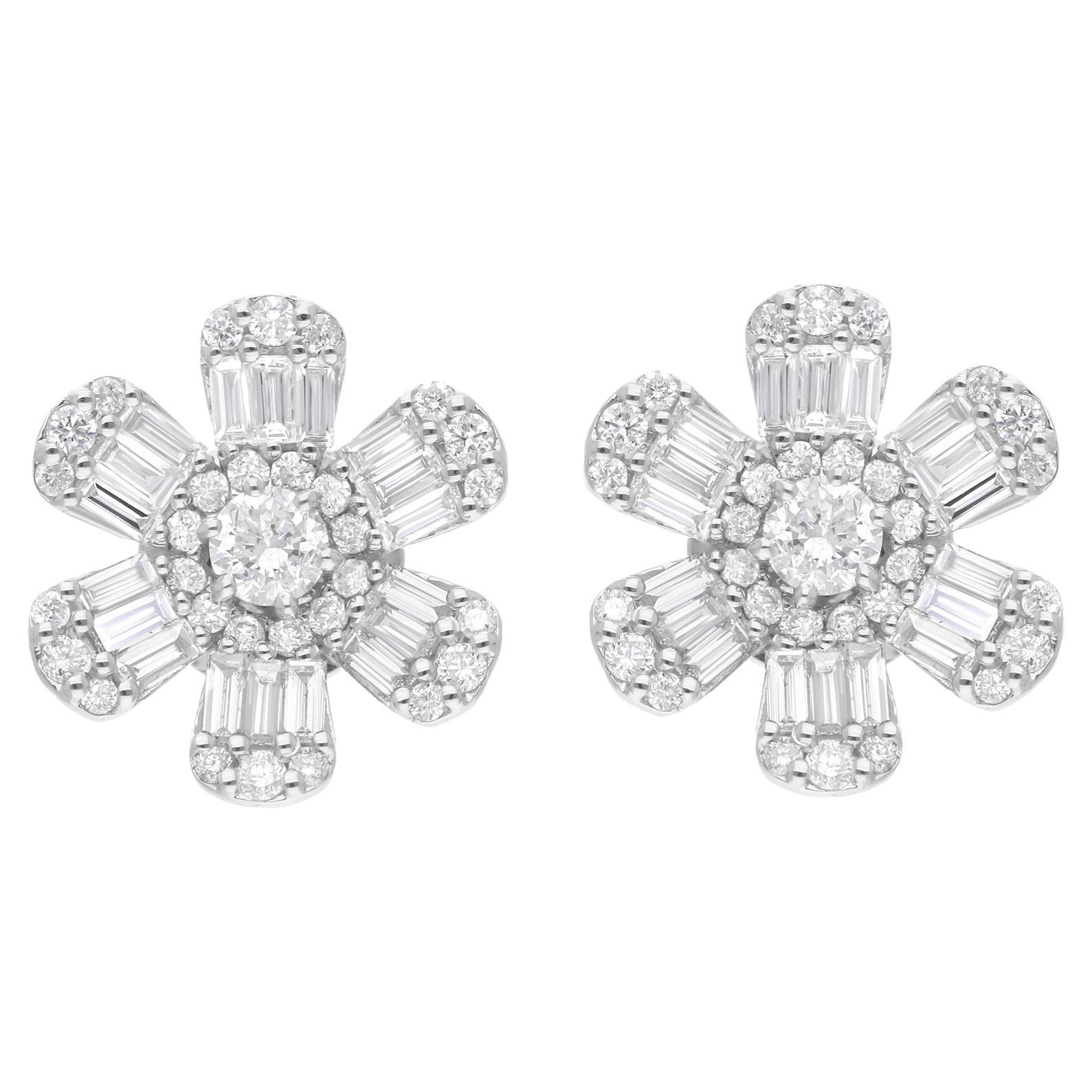 Natural 1.46 Carat SI/H Baguette Diamond Floral Earrings 18 Karat White Gold