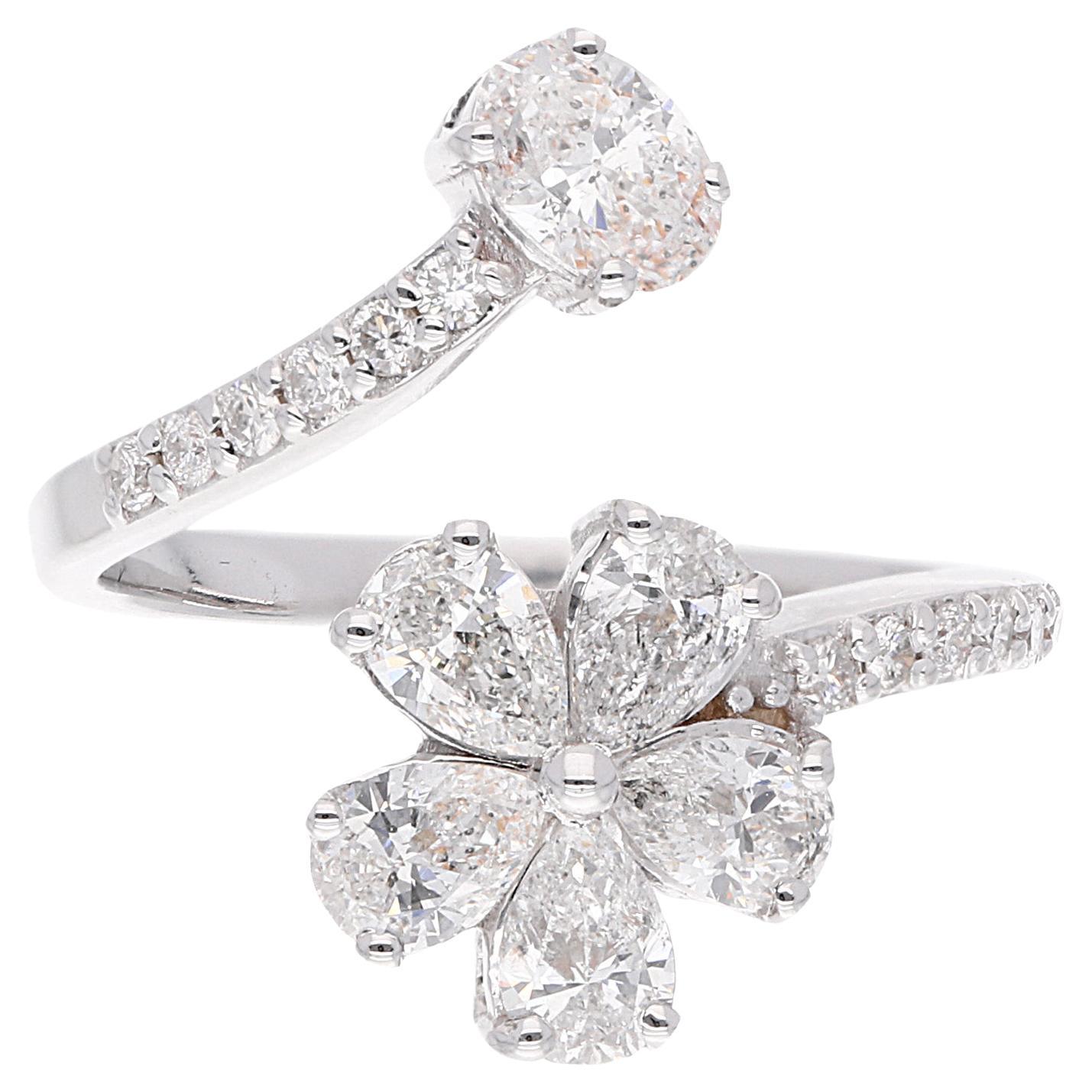 Natural 1.47 Carat Pear Oval Round Diamond Flower Wrap Ring 18 Karat White Gold