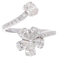 Natural 1.47 Carat Pear Oval Round Diamond Flower Wrap Ring 18 Karat White Gold