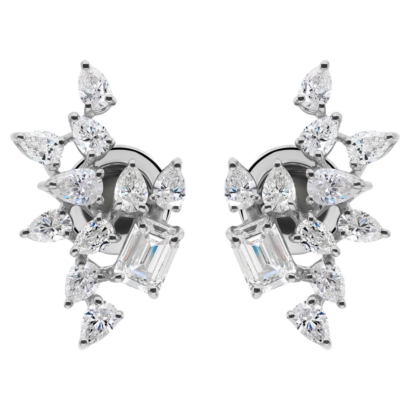 Natural 1.48 Carat SI/H Pear Emerald Cut Diamond Earrings 14 Karat White Gold