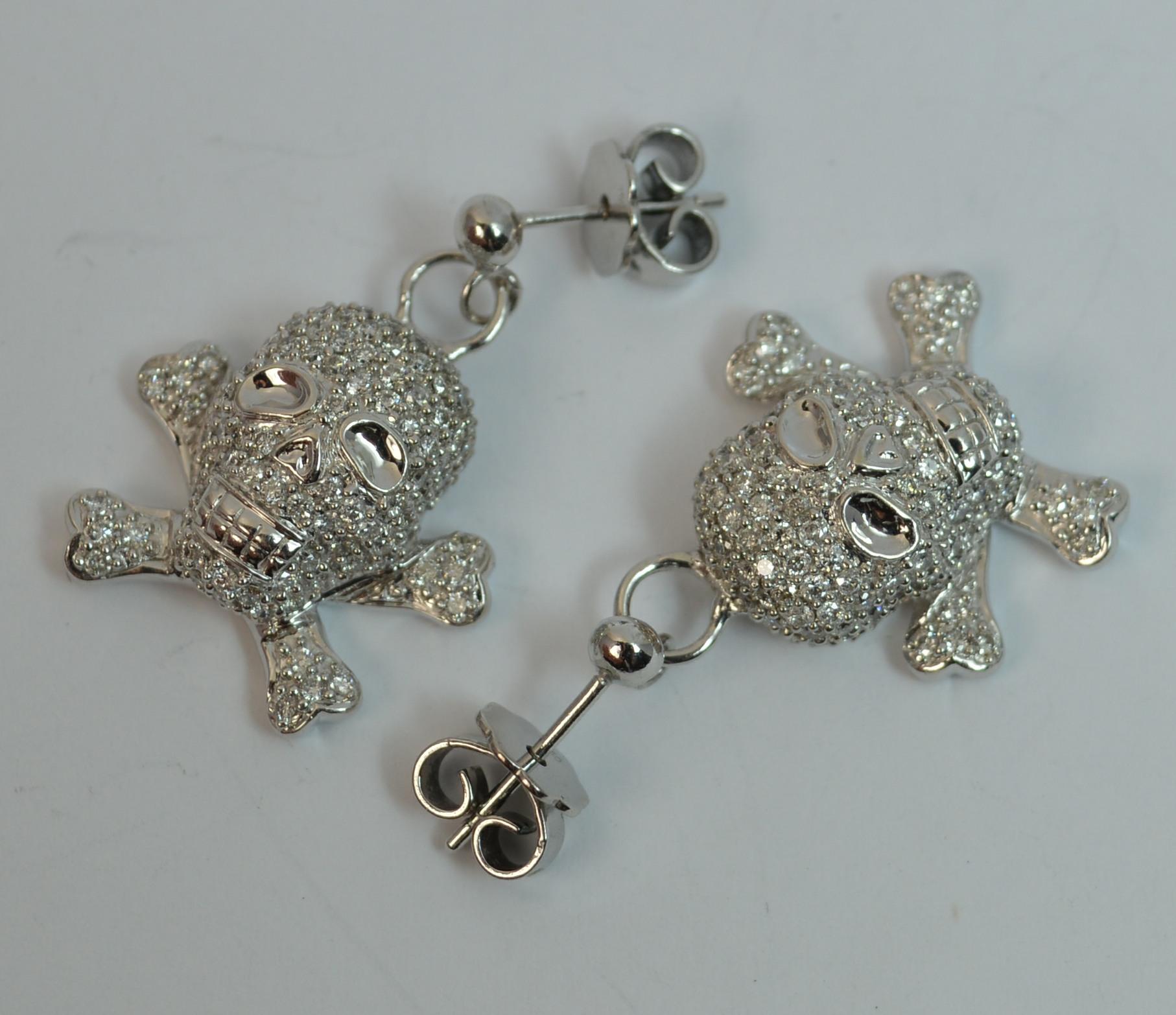 Natural 1.50 Carat Diamond 18 Carat White Gold Skull Crossbones Earrings In Excellent Condition In St Helens, GB