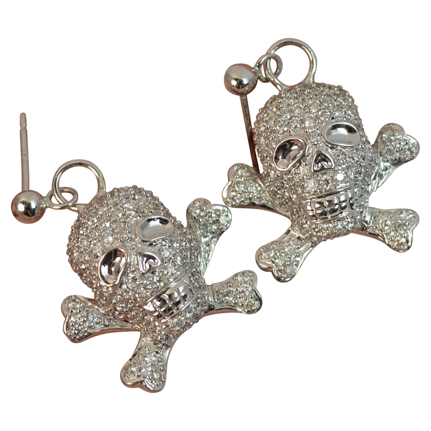 Natural 1.50 Carat Diamond 18 Carat White Gold Skull Crossbones Earrings