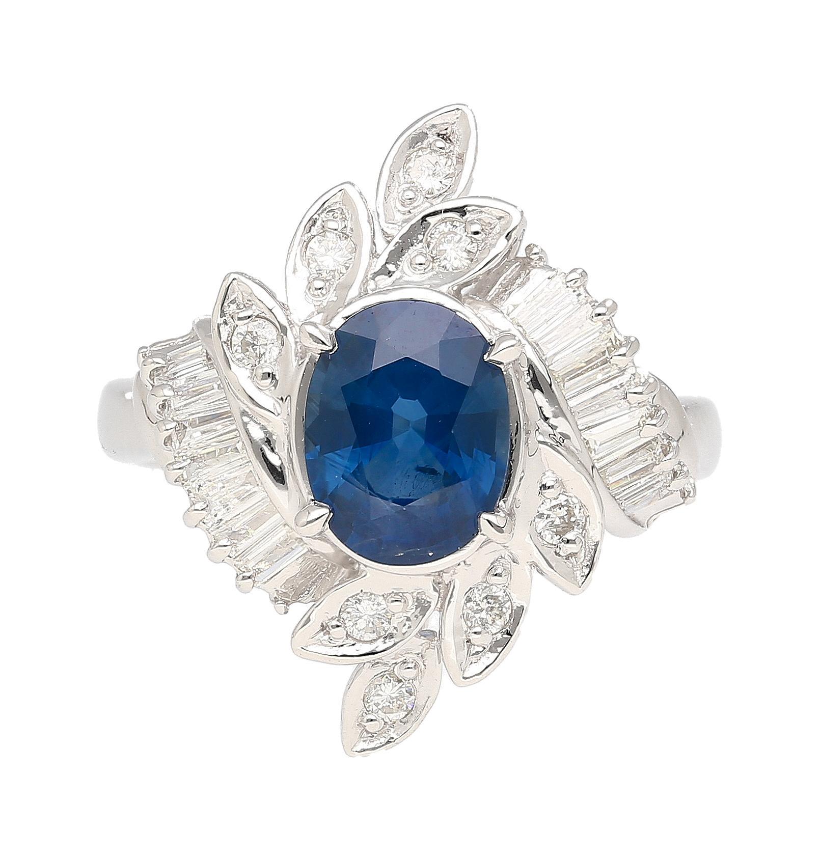 Natural 1.52 Carat Oval Blue Sapphire and Diamond Platinum Floral Ring For Sale 4