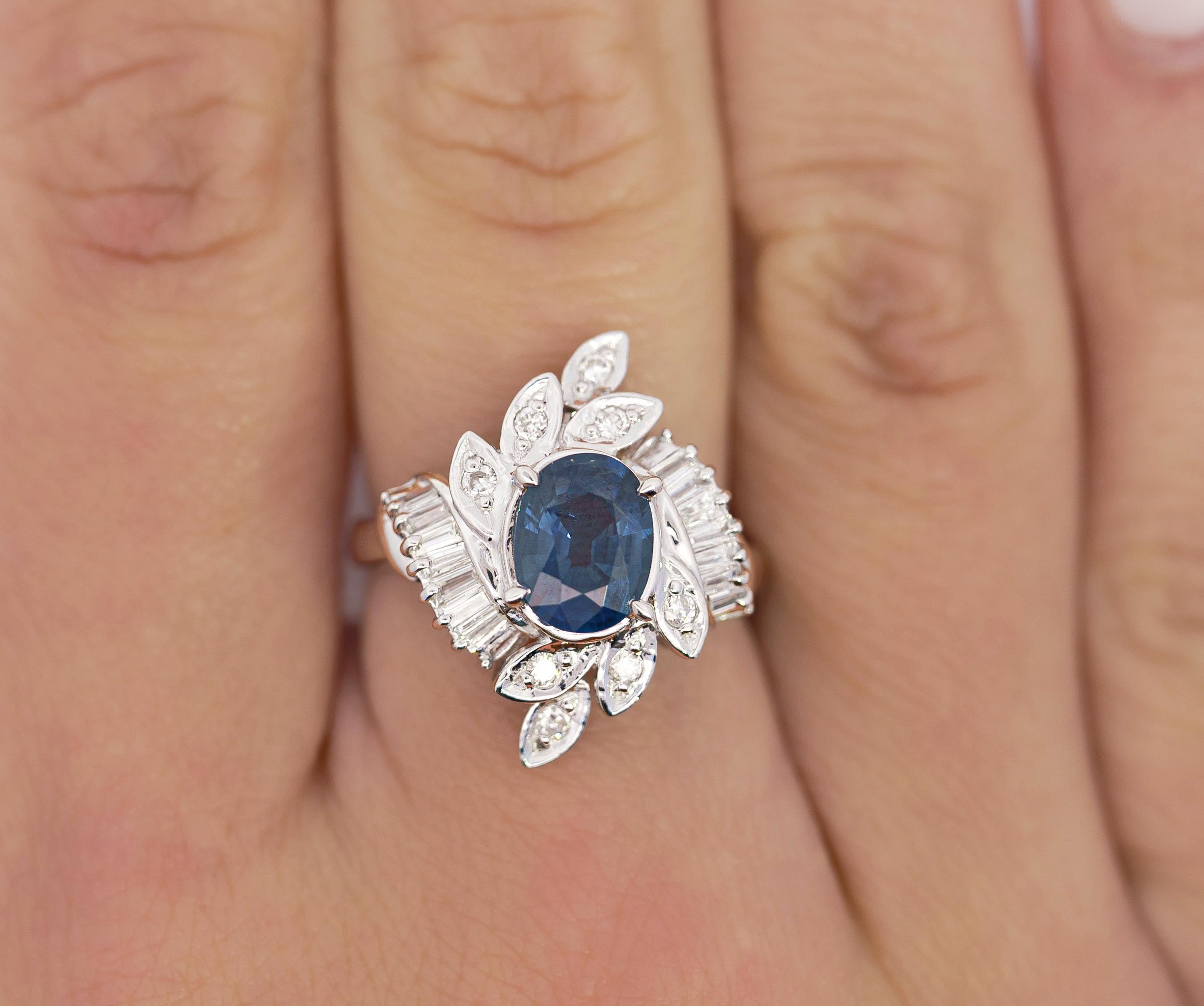 Natural 1.52 Carat Oval Blue Sapphire and Diamond Platinum Floral Ring In New Condition For Sale In Miami, FL