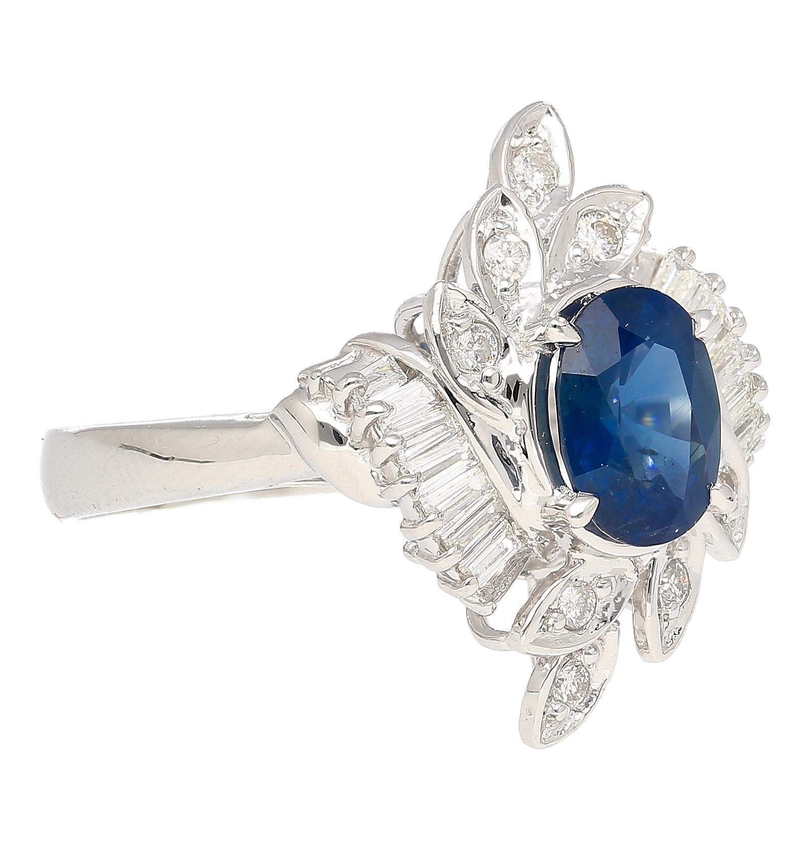 Women's Natural 1.52 Carat Oval Blue Sapphire and Diamond Platinum Floral Ring For Sale
