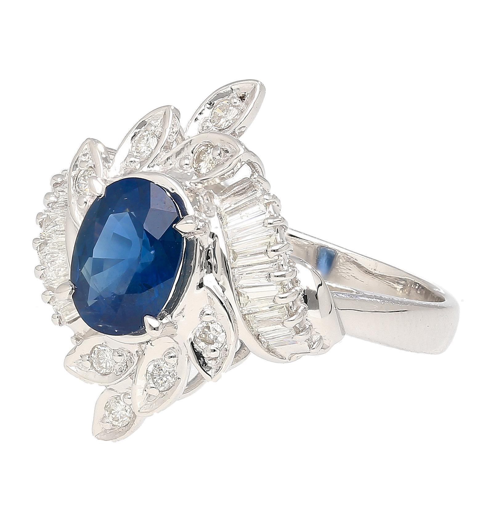 Natural 1.52 Carat Oval Blue Sapphire and Diamond Platinum Floral Ring For Sale 1
