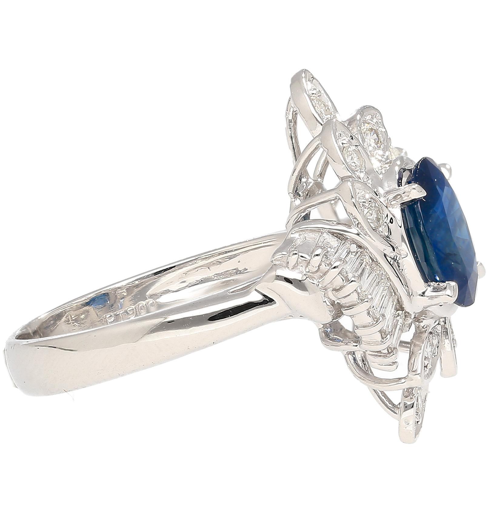 Natural 1.52 Carat Oval Blue Sapphire and Diamond Platinum Floral Ring For Sale 2
