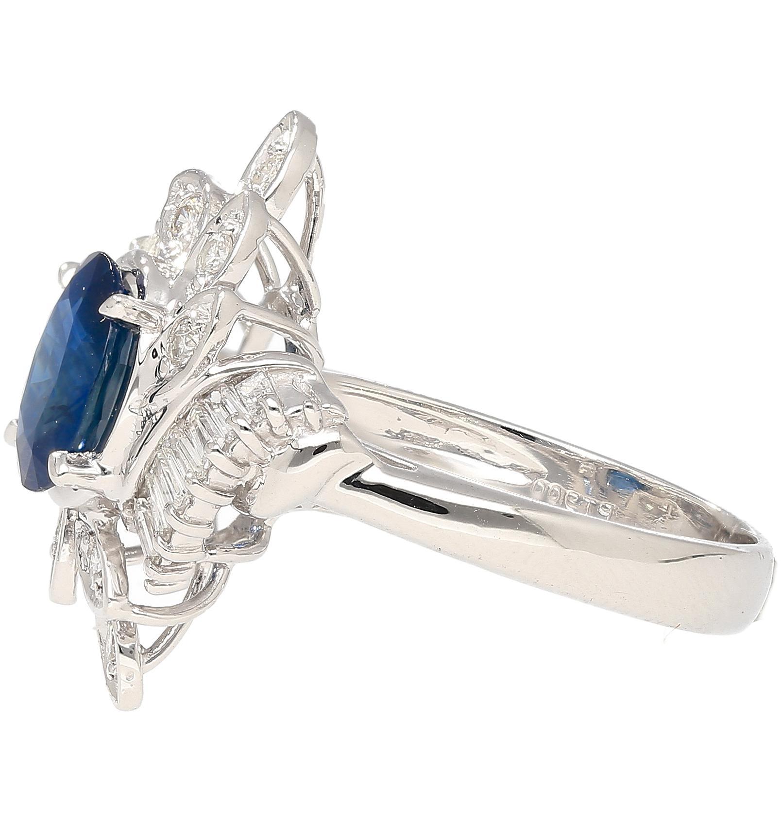 Natural 1.52 Carat Oval Blue Sapphire and Diamond Platinum Floral Ring For Sale 3