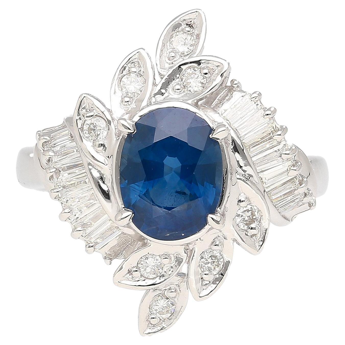 Bague florale en platine avec saphir bleu ovale naturel de 1,52 carat et diamant