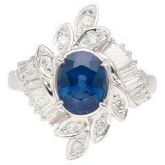Natural 1.52 Carat Oval Blue Sapphire and Diamond Platinum Floral Ring