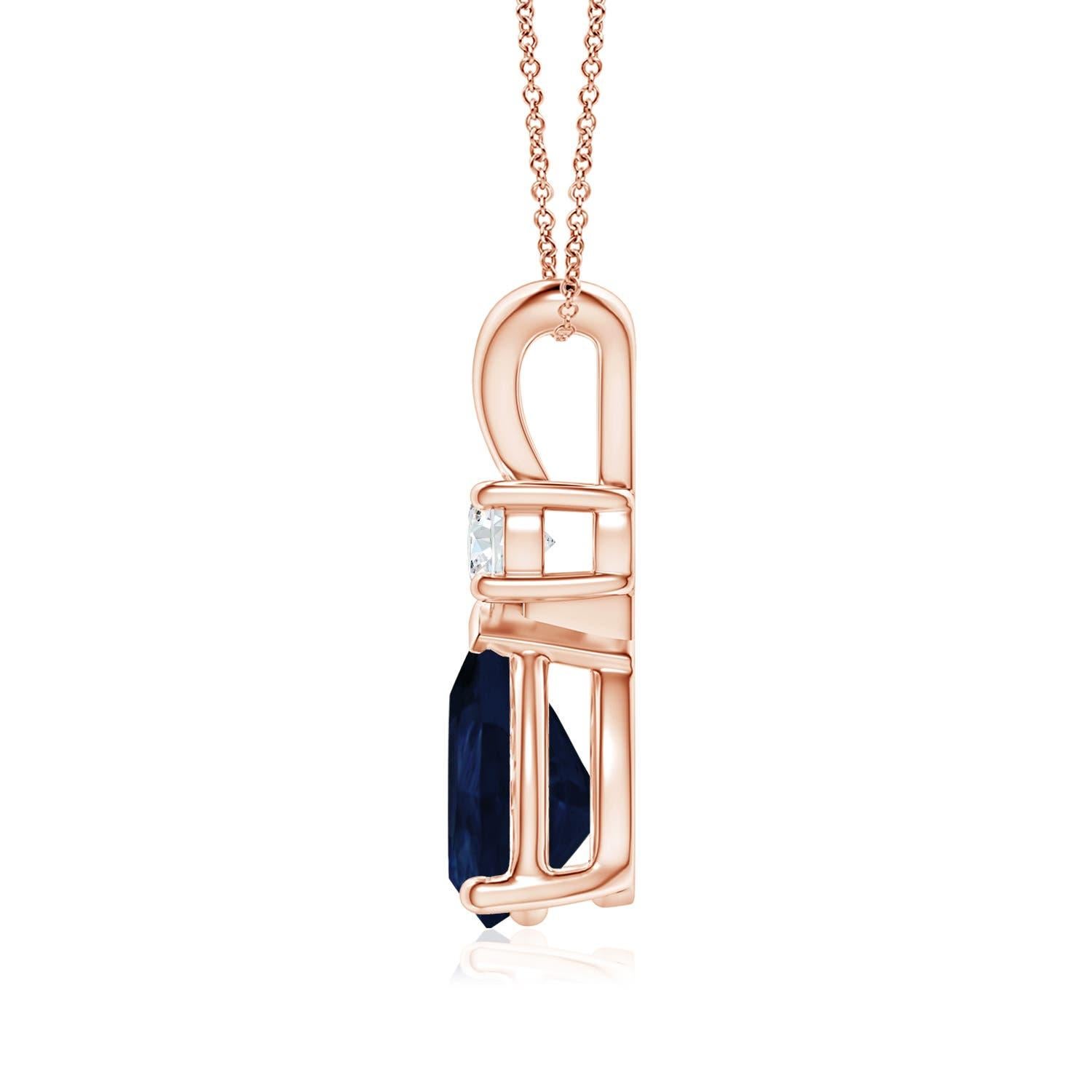 This classic solitaire pendant features a pear-shaped sapphire secured in a prong setting. A brilliant round diamond sits atop the blue gemstone adding to the design's charm. Simple yet appealing, this sapphire pendant in 18k rose gold is crafted