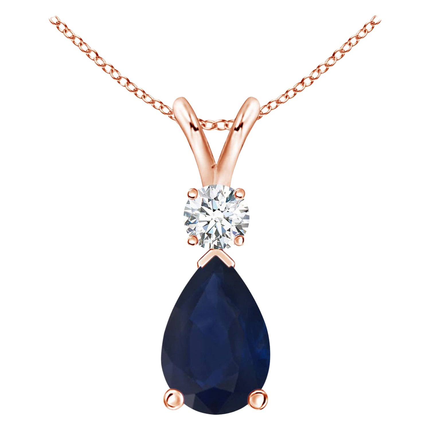 Pendentif goutte d'eau en or rose 18 carats avec saphir bleu naturel de 1,52 carat et diamants